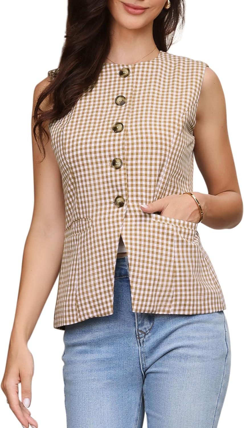 Allegra K Plaid Vest Top for Women's Gingham Button Down Sleeveless Office Crew Neck Dressy Waistcoat