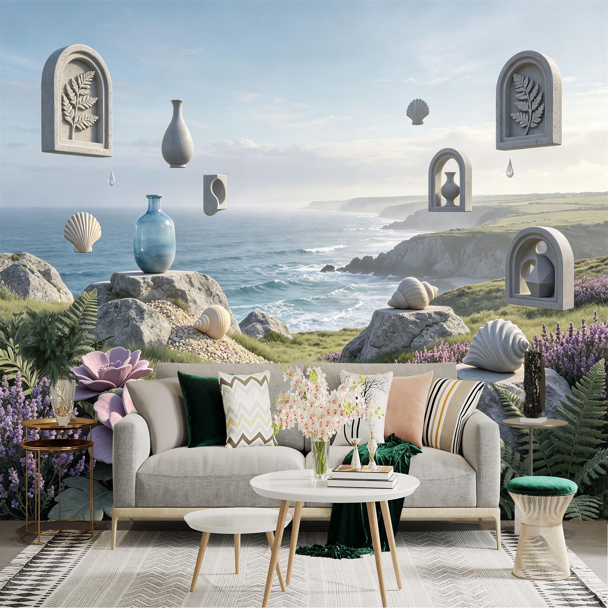 Lnzczhyre Bh260719283 Custom Size Wall Sticker Mural， Surreal Coastal Landscape， Floating Vases And Seashells， Mediterranean Stone Arch Decor， For Wall Decoration， Peelandstick Wall Decals.