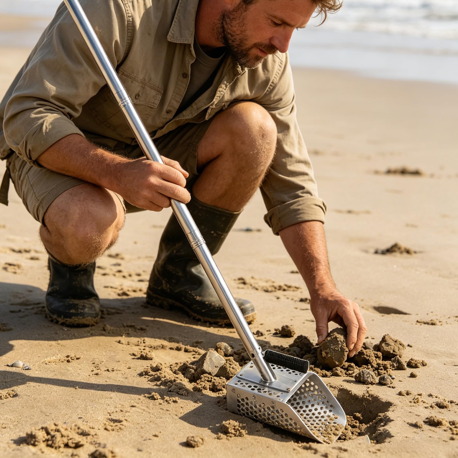 Pala da Spiaggia con Manico Ergonomico Pesante in Acciaio Inossidabile e Estensibile da 42,5 Pollici per Scavo e Ricerca Tesori