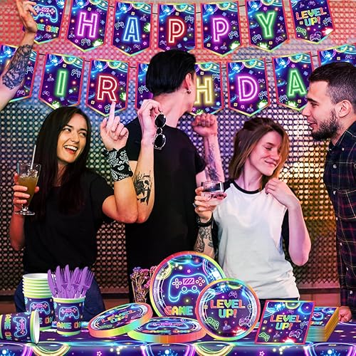 Miniatura 5 de Decoraciones de fiesta de videojuegos, juego de vajilla de 142 piezas, juego de vajilla de videojuegos, platos de neón desechables, servilletas,