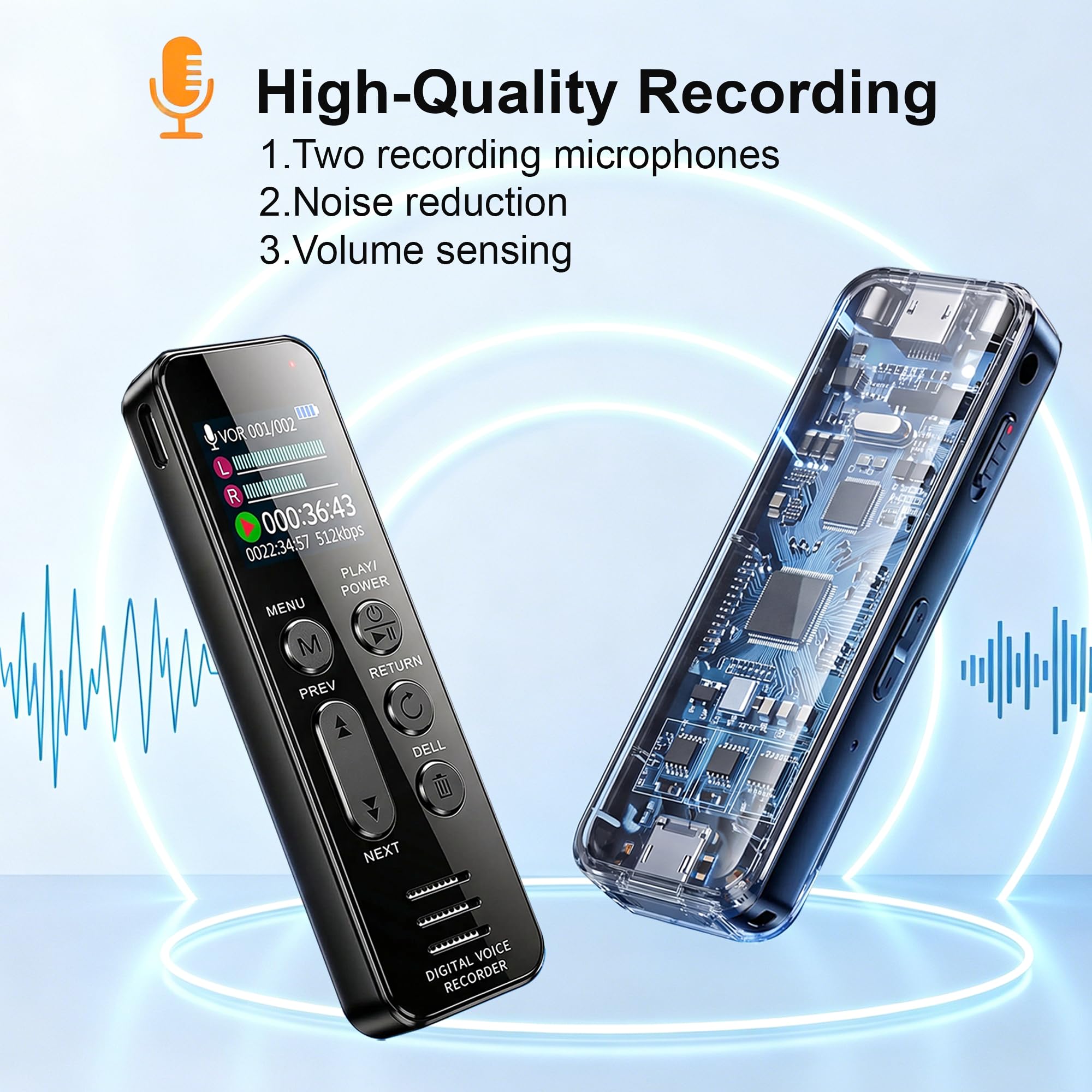 Digitaler Diktiergerät HD-Audioaufnahme Einfache Bedienung Intelligente Spracherkennung A-B-Wiederholung Passwortsperre Sprachaktiviertes für Meetings Interviews Vorlesungen usw (32 GB)