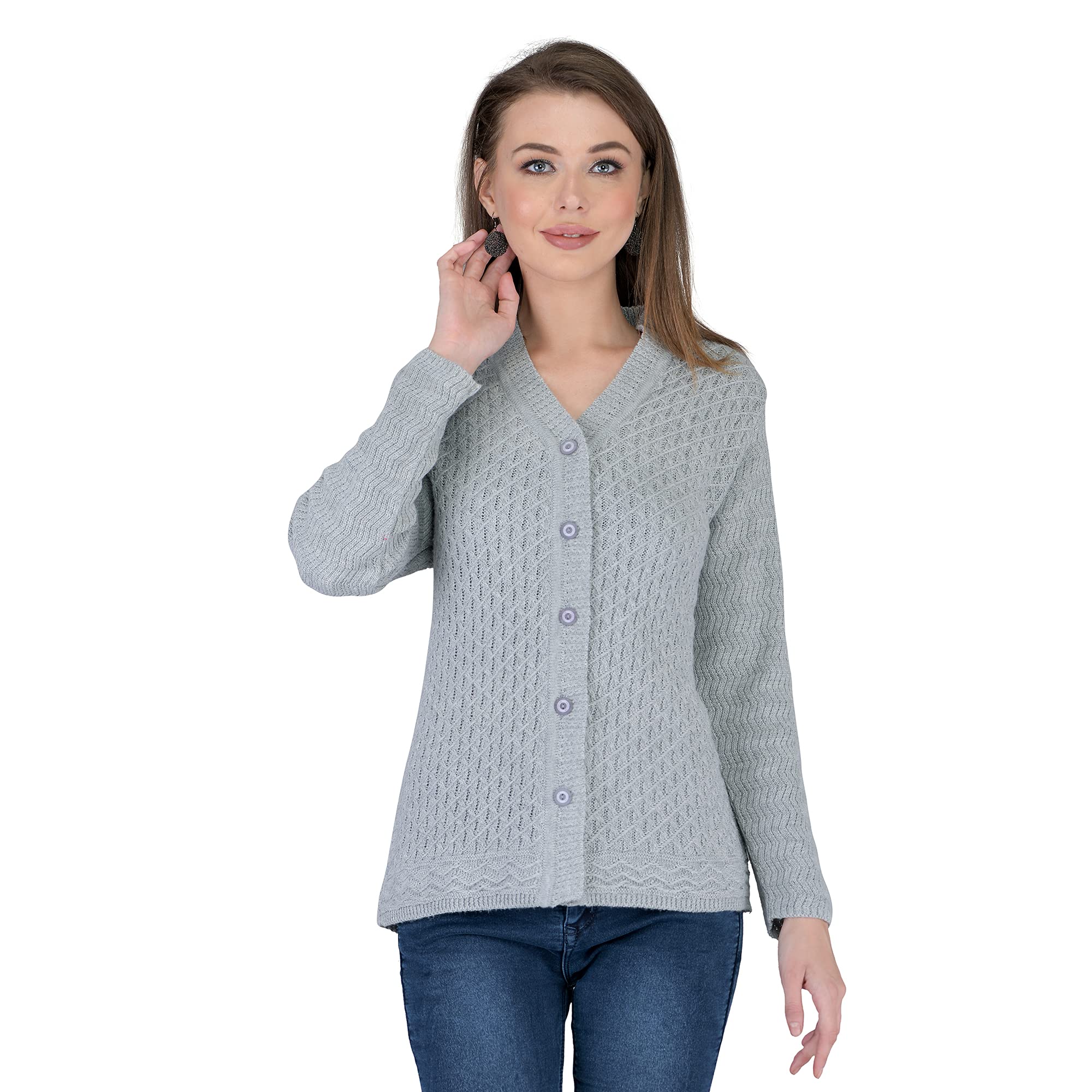Women Woolen V-Neck Self Design Cardigan Heavy Daffodil Fabric Cardigan Winter Wear Pure Wool Cardigan for Women Free Size Long Cotty Fully Warm Cardigans Free Sizes
