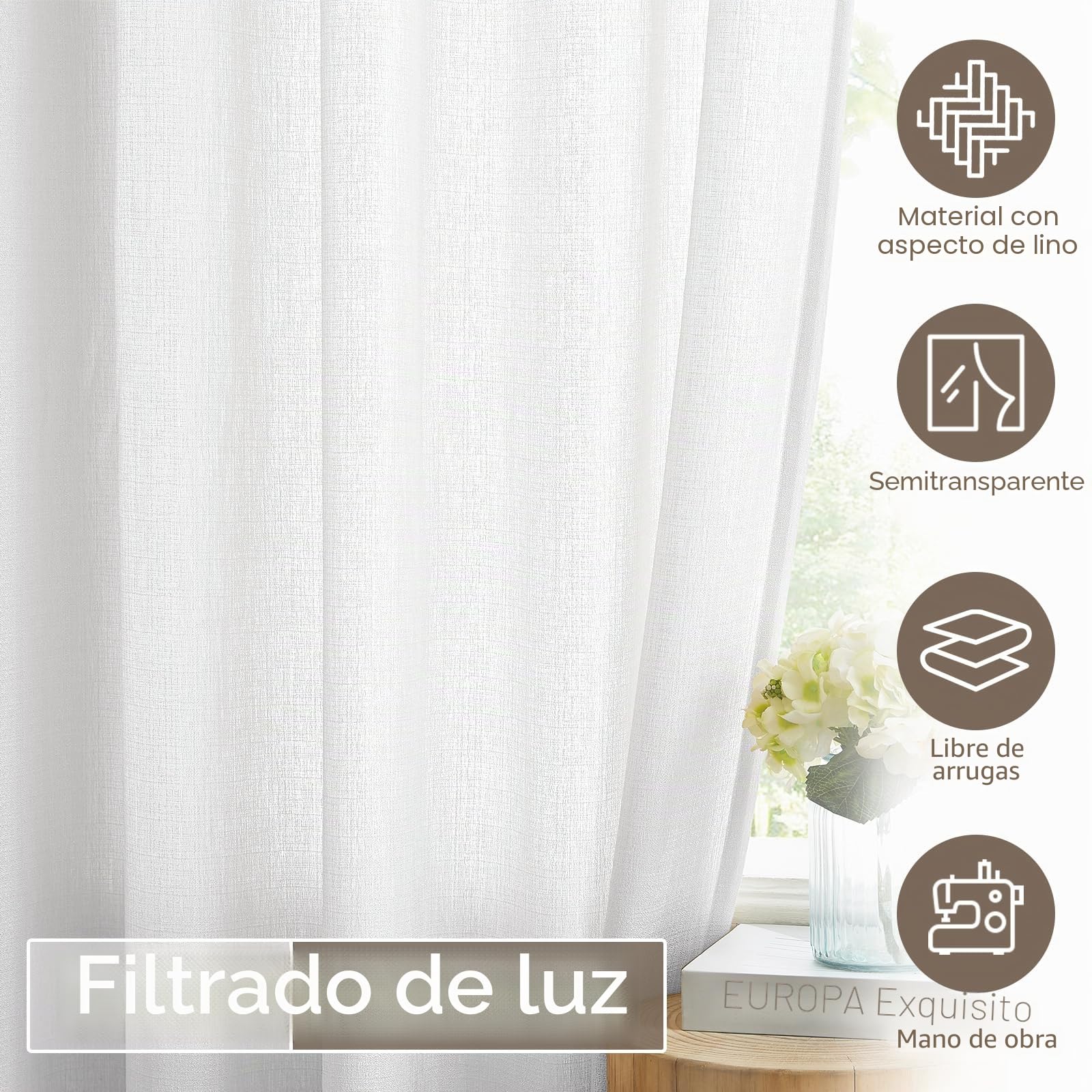 Melodieux Cortinas Visillos Blancas para Dormitorio Cortinas Translúcidas Salón 2 Piezas, 140x137cm