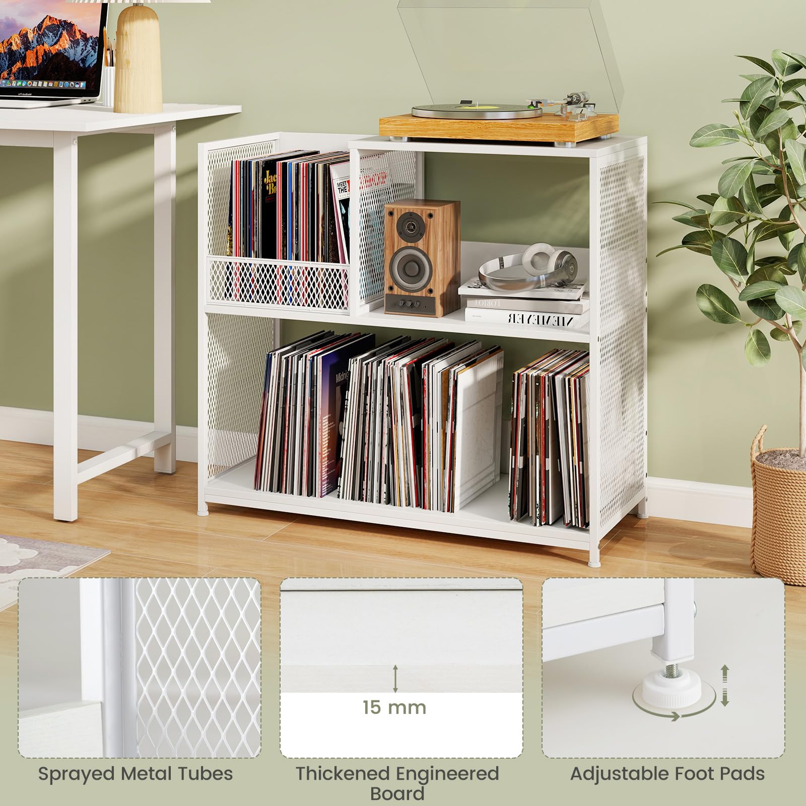 GIANTEX Supporto per giradischi a 3 livelli, espositore a disco in vinile per 300 album, 3 divisori rimovibili, organizer per album, telaio in metallo, libreria per soggiorno, studio, ufficio (bianco)