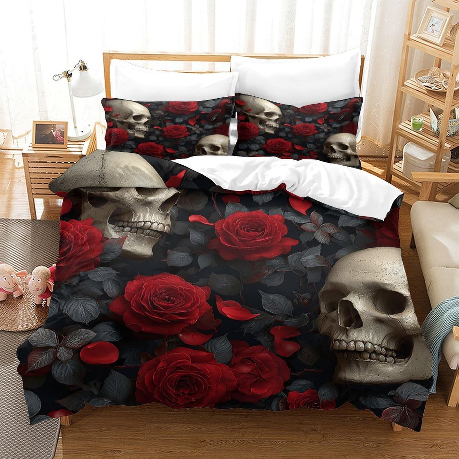 Rose skulls Ensemble De Literie Résistante Microfibre résistante 3 Pièces 3D Effet Gothic floral design Linge de Lit avec Taie d'oreiller Hypoallergique for Chambre de garçons King（220x240cm）