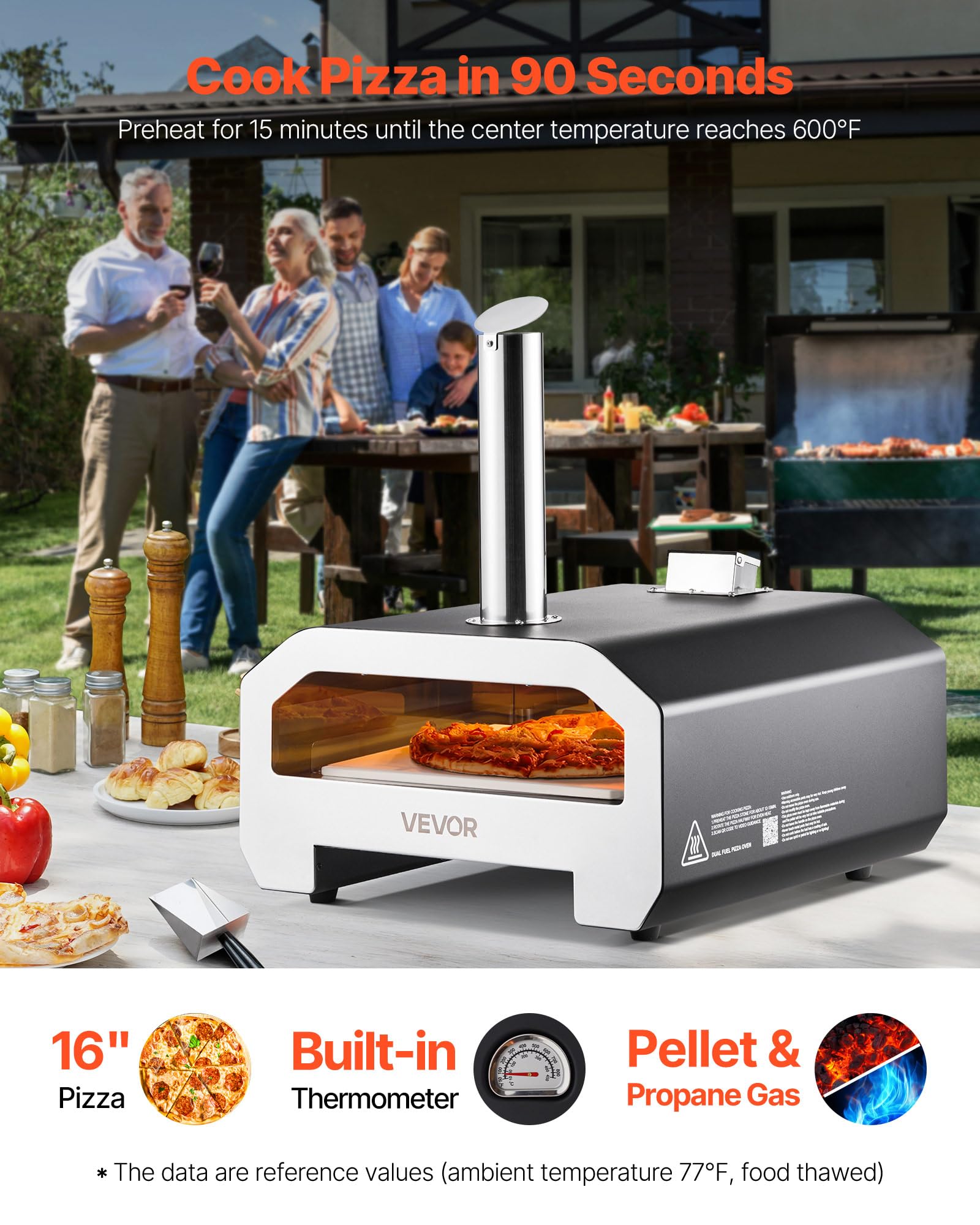 VEVOR Forno per Pizza a Doppio Combustibile da Esterno, a Legna e a Gas Propano da ca. 406 mm, Macchina per Pizza, con Termometro, Dpray di Ferro Portatile, per Campeggio all'Aperto e Cortile