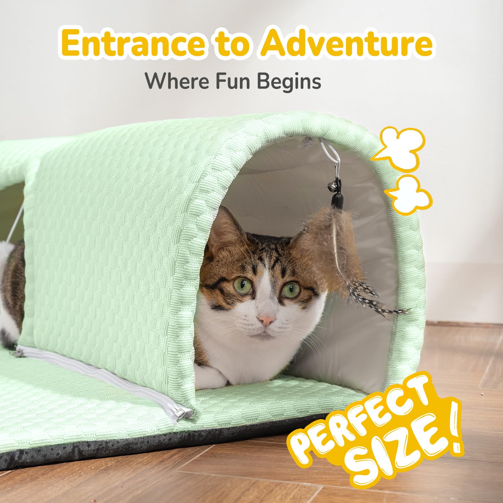CATISM Lit pour chat avec tunnel - Tunnel pour chat d'intérieur - Ports à 3 voies - 3 jouets - Tapis amovible - Tunnel doux - Grande grotte - Tapis antidérapant - Lit tube pour chaton, furet et petits