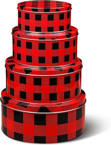 Miniatura 1 de 4 latas de galletas de Navidad con tapas, contenedores de diseño a cuadros rojos y negros, latas de metal para galletas de Navidad, tarros de