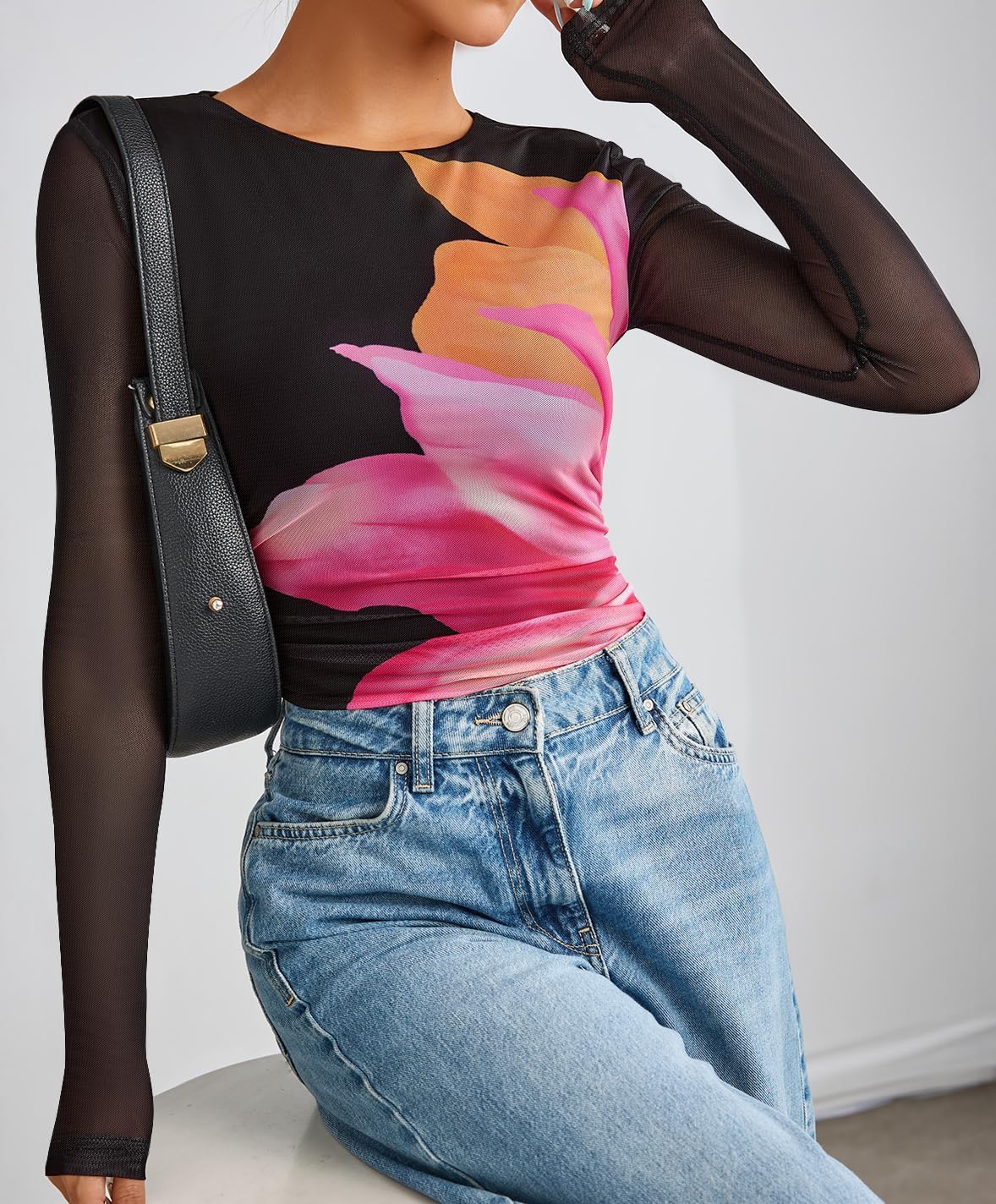 ZESICA Womens 2026 Spring Floral Mesh Going Out Tops Long Sleeve Crewneck Slim Fit Ruched Y2k Shirt Beach Vacation Outfit - Image 3