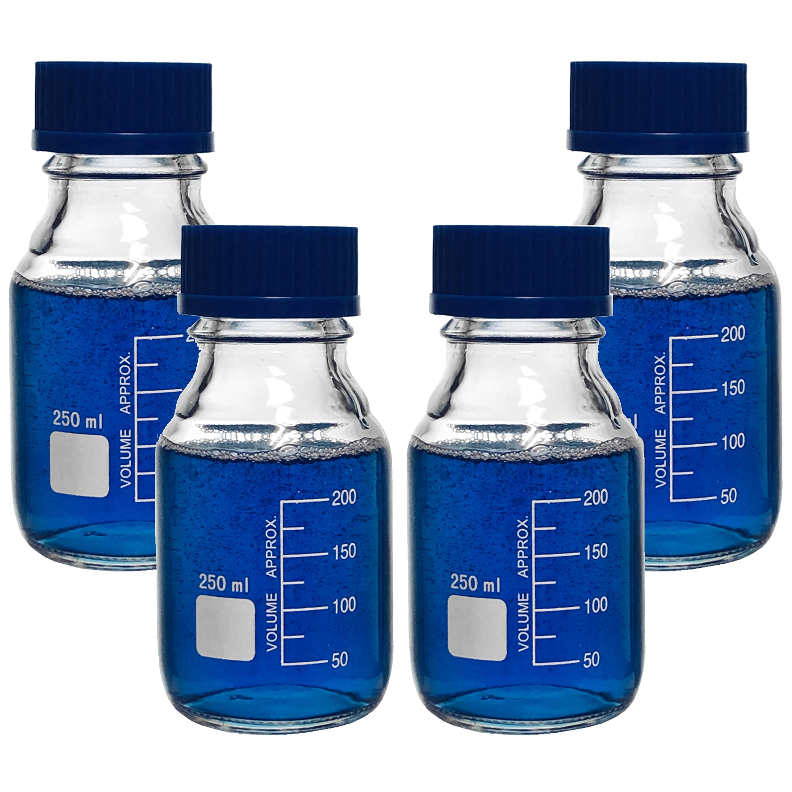 Botellas redondas de vidrio de almacenamiento de medios de 250 ml con tapa de rosca GL45, vidrio de borosilicato, Karter Scientific 251L9 (paquete de 4)
