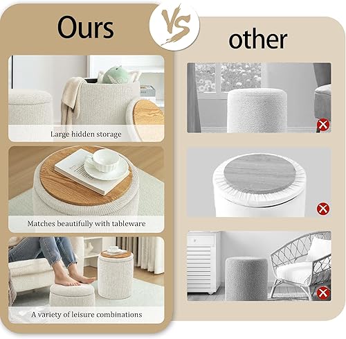 Miniatura 7 de YSICK Otomana redonda con almacenamiento, juego de 2, taburete pequeño de tocador como silla de tocador, otomana de corduroy para reposapiés en