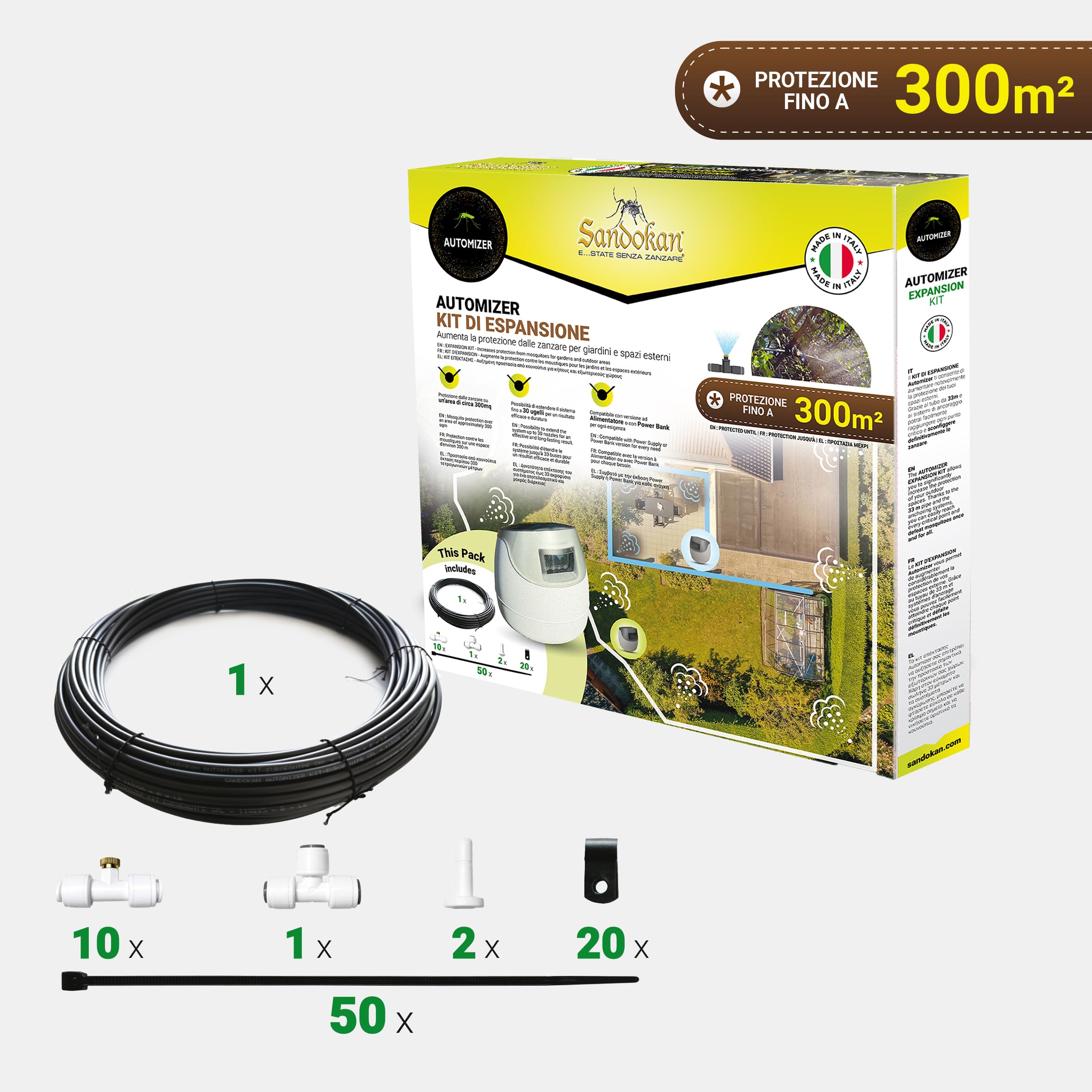 Sandokan, Kit Espansione per Automizer, Set Aggiuntivo con 10 Ugelli Nebulizzatori in Ottone e 33 Metri Tubo – Accessorio per Sistema Antizanzare Automatico Estensione Copertura +300mq Made in Italy