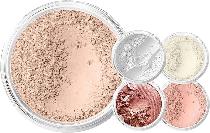Mineral Makeup Starter Kit for Beginners – Full Size Foundation with Sample Size Veil Primer, Blush, Bronzer & Setting Powder – Matte Finish Essentials Set (LIGHT)