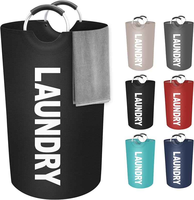 StorageRight Cesta para la colada grande de 90 L, cesta para la colada, cesta para ropa sucia, cestas plegables e impermeables para la colada con asas de aluminio protegidas con espuma para lavandería, dormitorio, familia (negro) | Cesta plegable para la colada con asas de aluminio protegidas con espuma para la colada, dormitorio familiar, cesto para ropa sucia negra