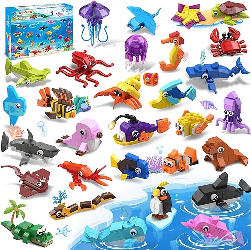 HOGOKIDS Paquete de 30 recuerdos de fiesta de animales para niños, 824 piezas de bloques de construcción de animales marinos para bolsas de regalo,
