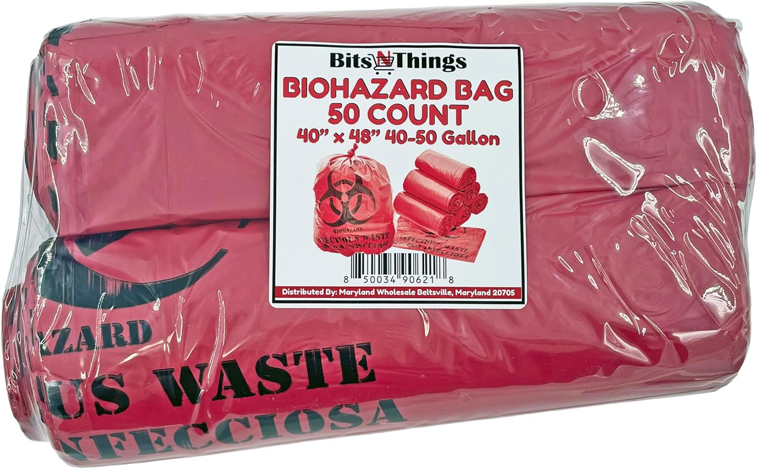 Bits N Things Infectious Biohazard Red Waste Bags Hazardous Trash Can Liners | Medical Grade No Leak Bags | Great for Lab Containers, Swabs, Pads, Gloves | 50 Count - 40" x 48" (40-50 Gallon)