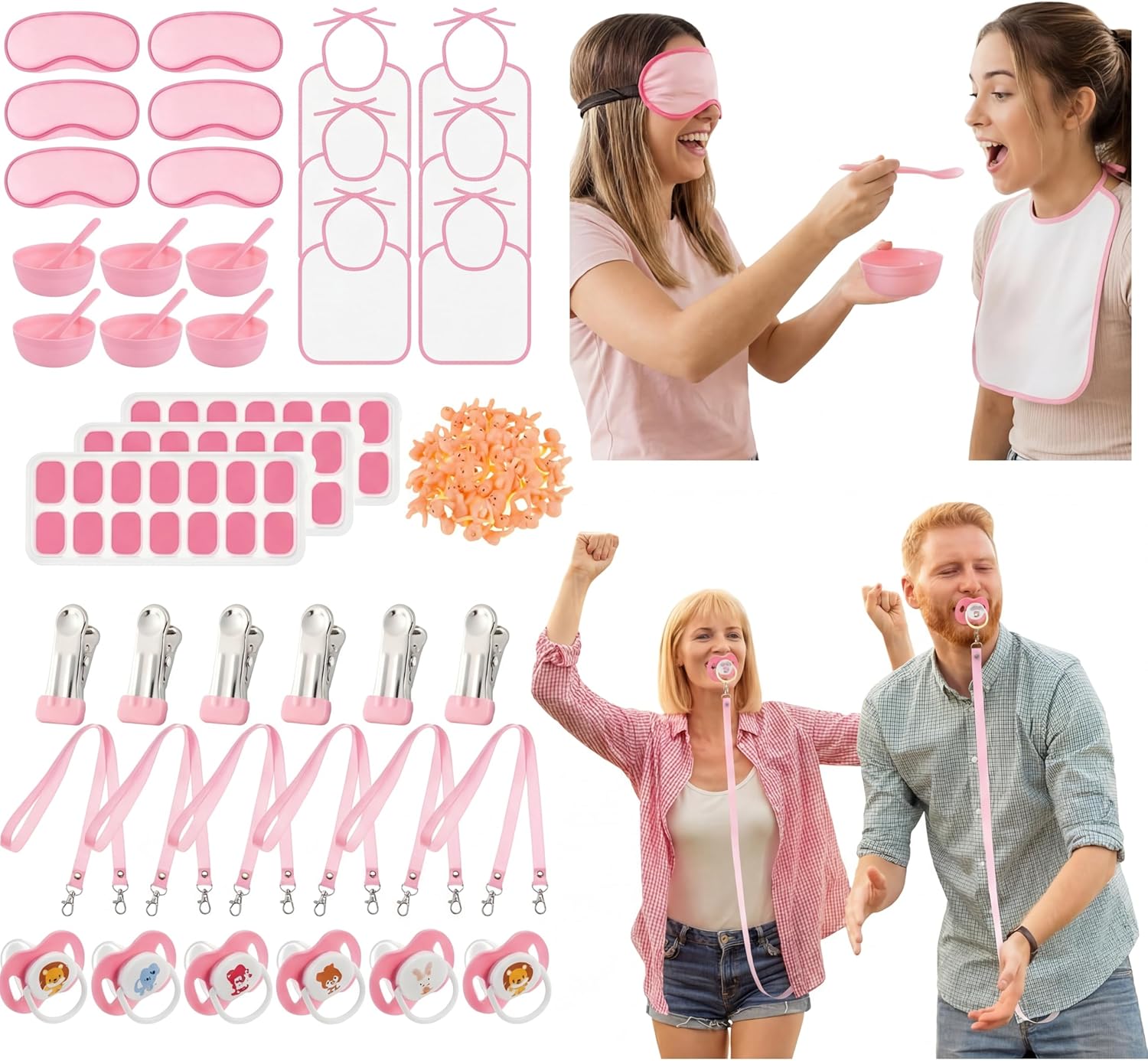 Shappy Baby Shower Games Set for 6 Guests, 95 Pcs Funny Party Games Including Blindfold Feeding, Pacifier Swing & My Water Broke Game, Baby Shower & Gender Reveal Party Activities(Pink)