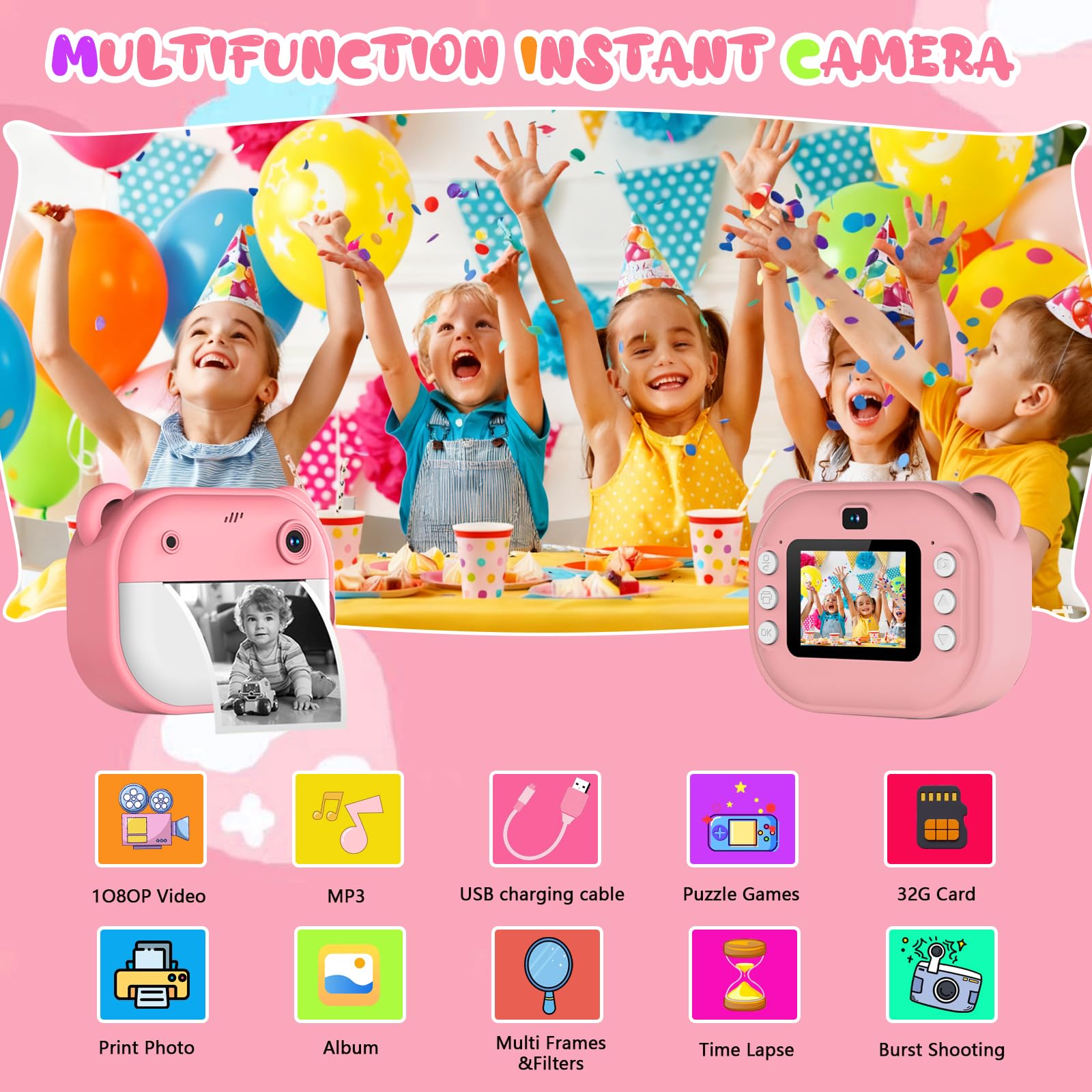 Macchina Fotografica Bambini Istantanea, Fotocamera Digitale con Carta da Stampa e Scheda TF da 32 G, Penne Colora, Regalo Natale Bambino e Bambina 3-14 Anni (Rosa)