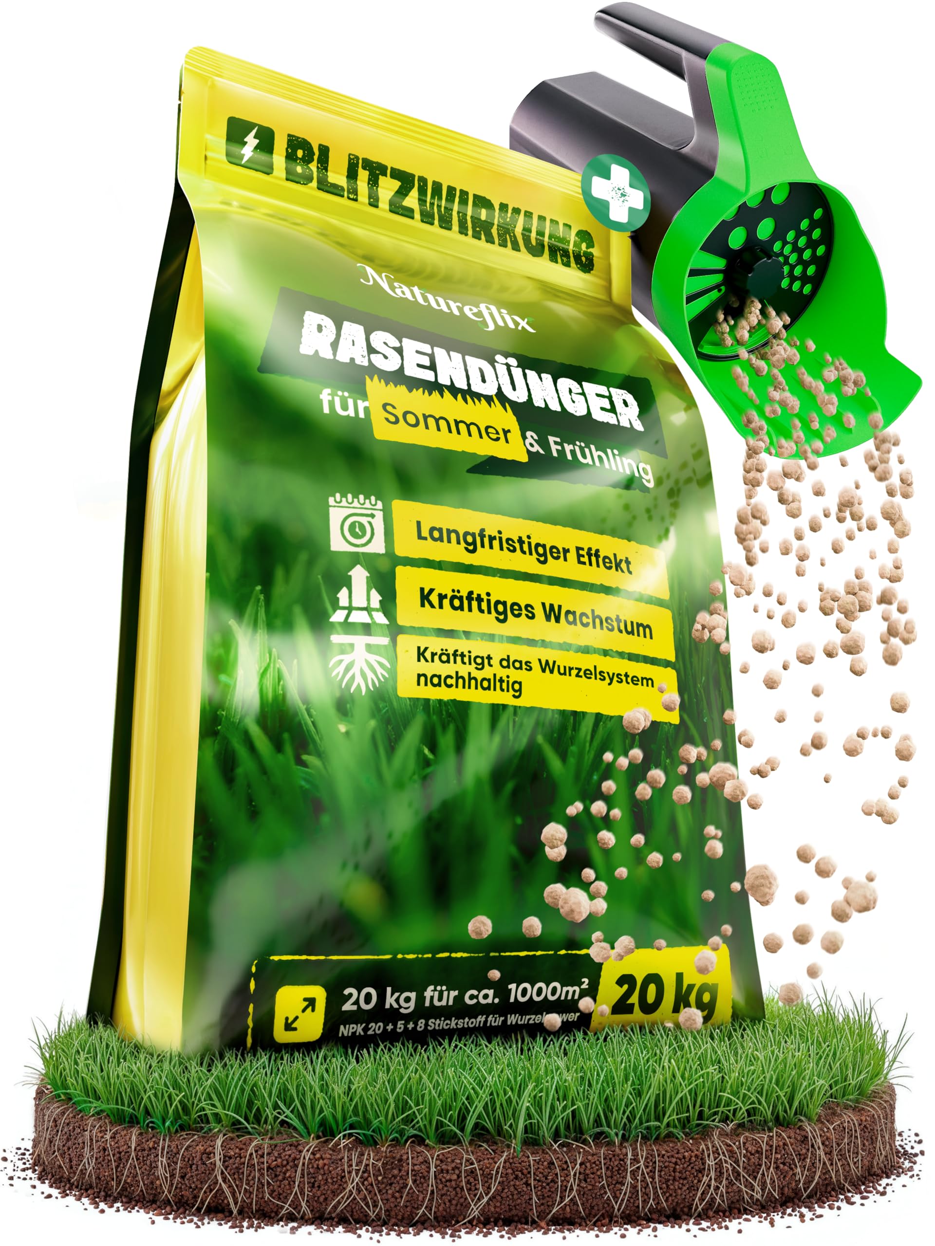 Rasendünger Frühjahr & Sommer inkl. Handstreuer | Tierfreundlicher Langzeitdünger für jeden Rasendünger frühling | (Staubarme Körnung 2-5mm) | Frühlingsdünger (20kg für 1000m²)