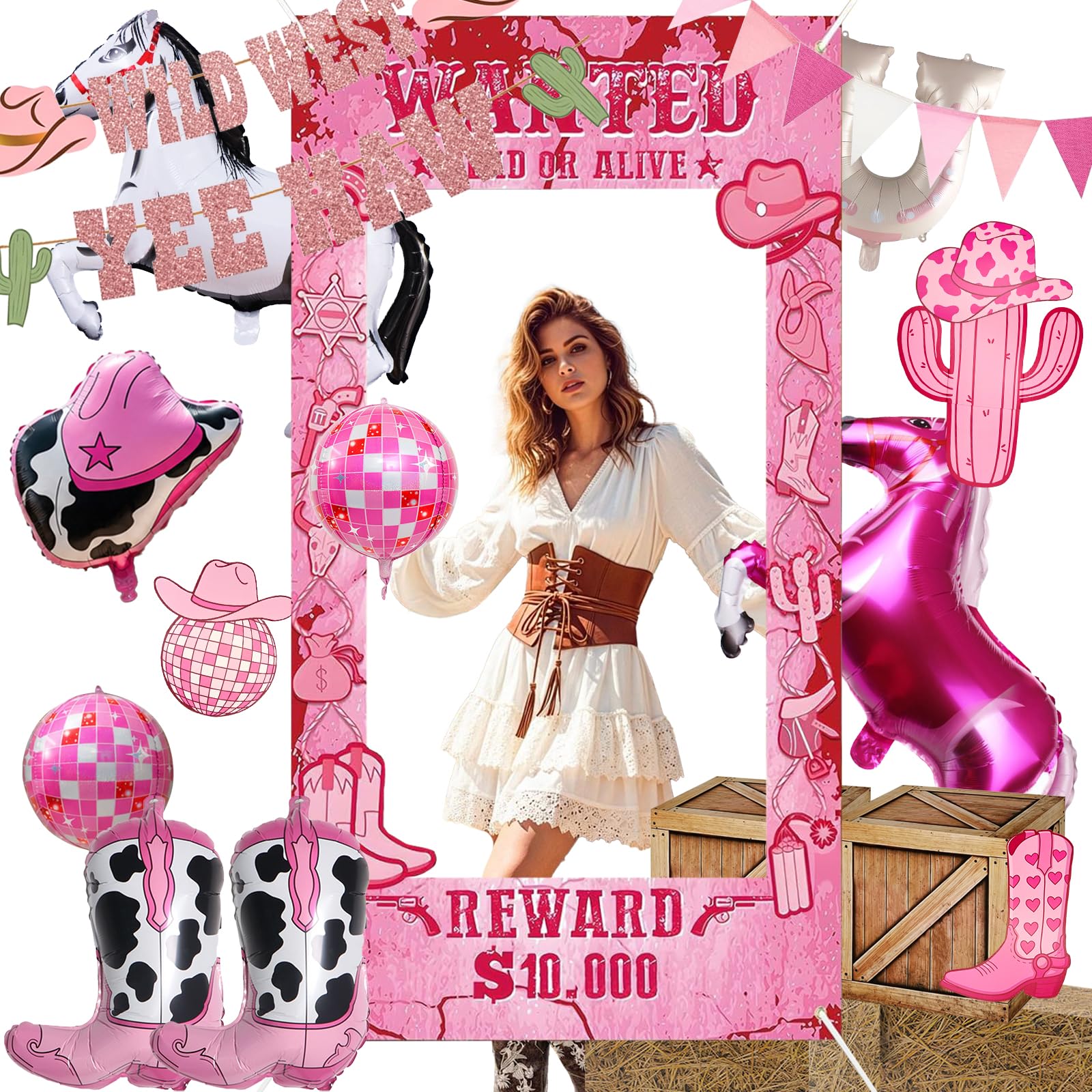 Kit de 20 piezas de decoración de fiesta occidental rosa vaquera salvaje oeste | Decoración completa de vaquera rosa con cajas de bricolaje, globos de heno, accesorios para fotos