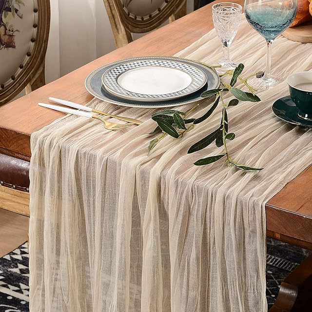 Cheese Cloth Table Runner Boho Gauze Cheese Cloth Table Runner Rustic Transparent Runner 118 Inches Long for Wedding, Bridal, Baby Shower, Birthday Party, Table Decoration (Champagne, 90x300 cm)
