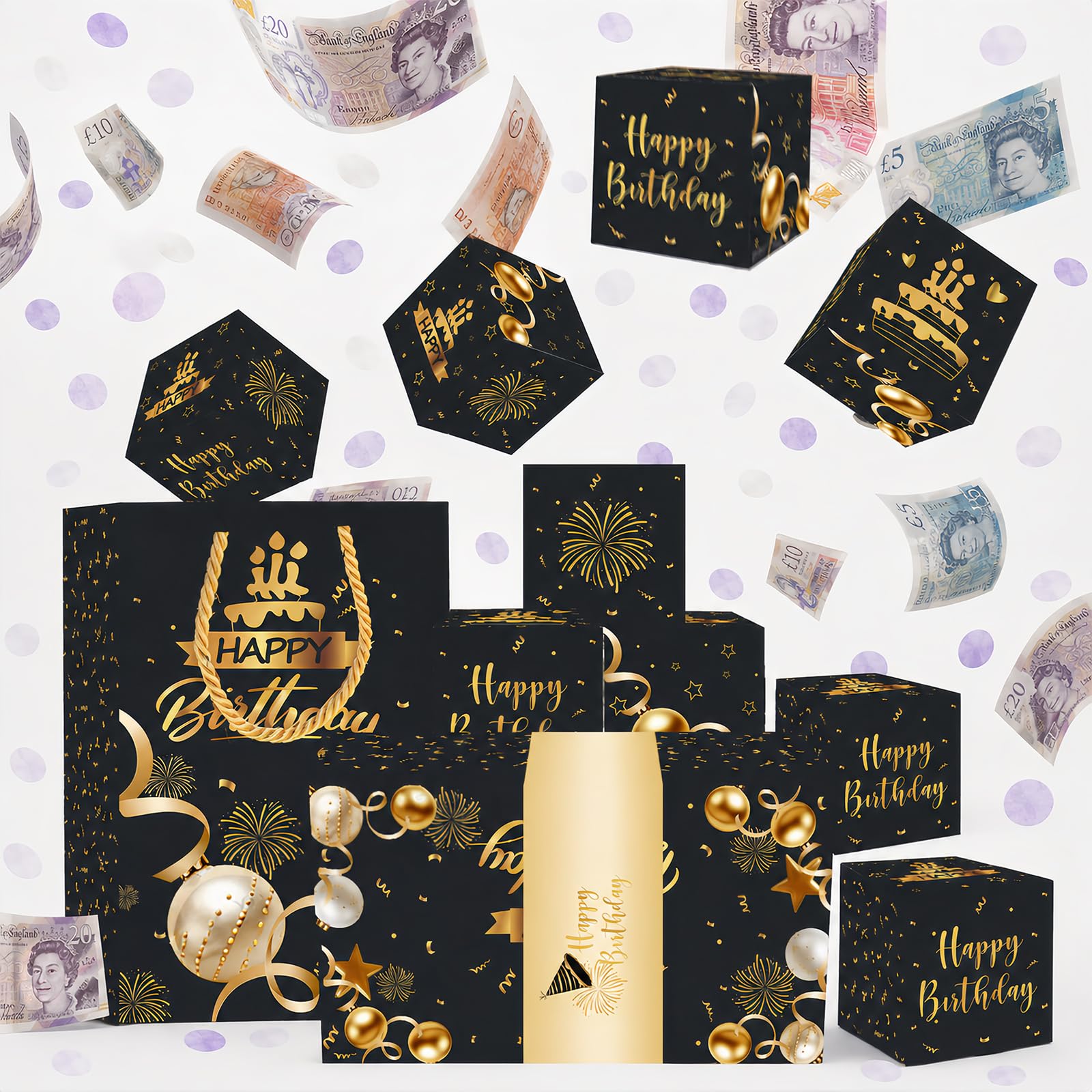 Money Explosion Gift Box, Birthday Money Box Cash Gift Pull, Pop Up Surprise Money Gift Box, Black Gold Bouncing Mystery Boxes with Confetti for Kids Boys Men Women