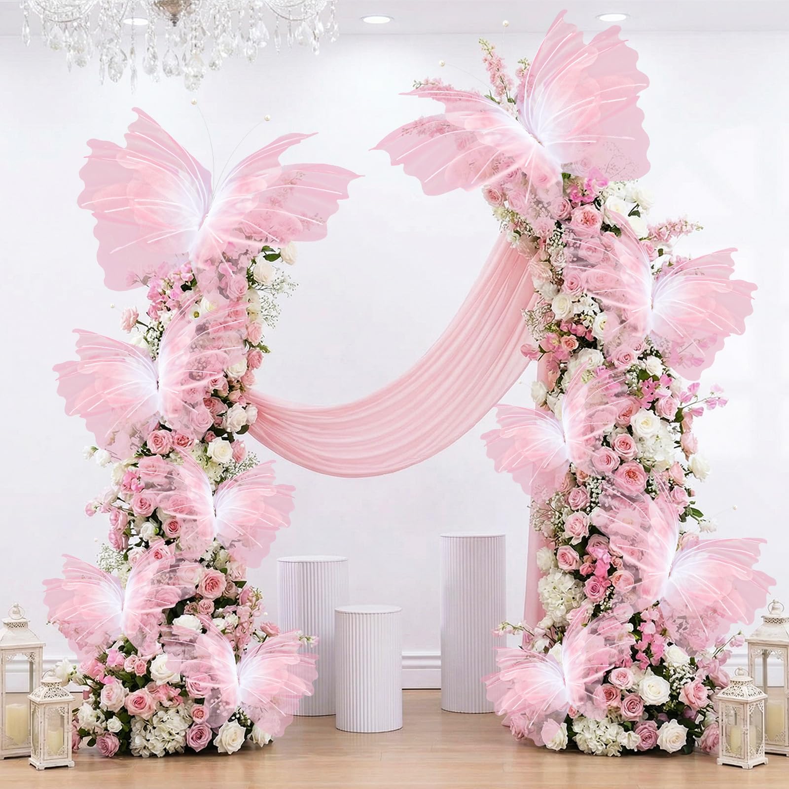 Photo 1 of 10 Pcs 24'' 20'' 12'' Large Gradient Pink Pearl Butterfly Decoration 3 Size Giant Mariposas Grandes Para Decor Big 3D Silk Butterfly for Indoor Outdoor Wedding Baby Shower Women Birthday Hanging Decor
