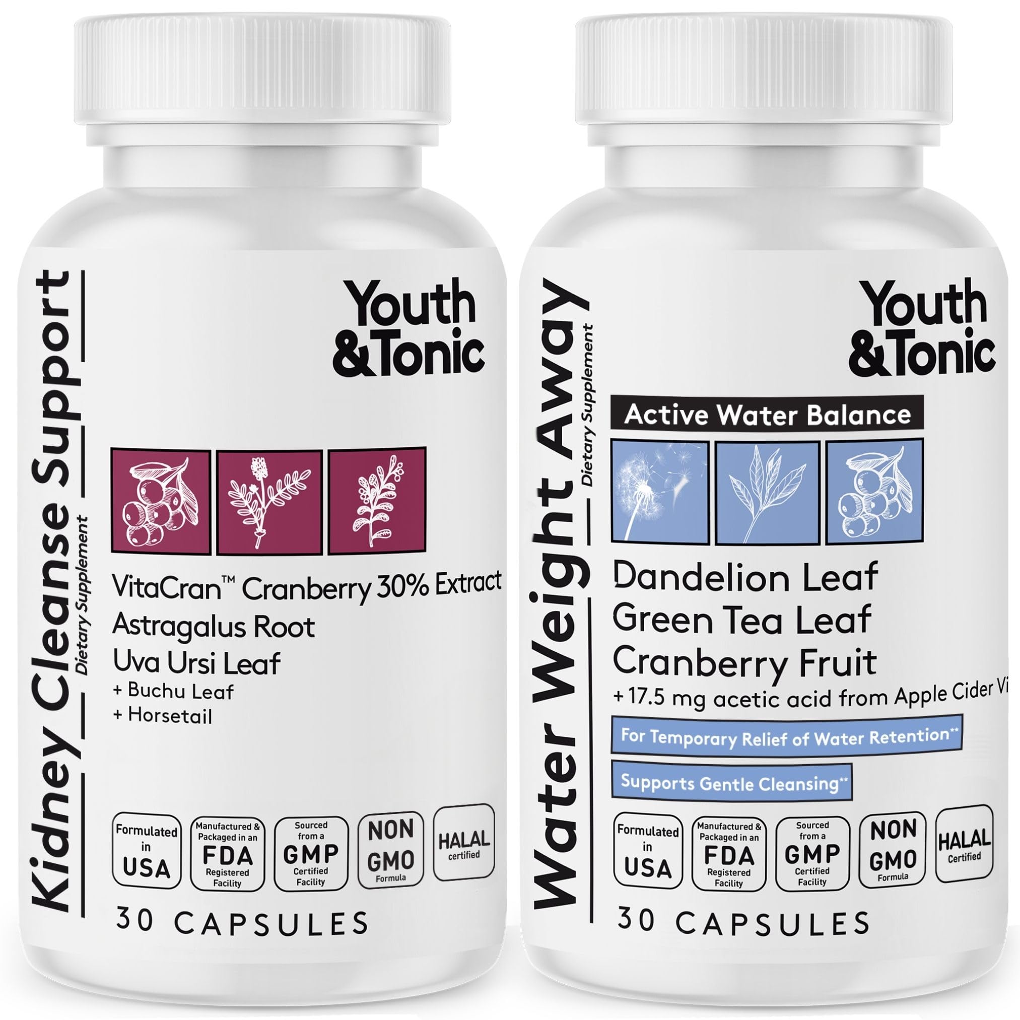 Youth & Tonic Daily Water Retention Pills for Kidney Cleanse Swelling and Excess Body Fluids & Metabolic Waste / 30 + 30 Capsules