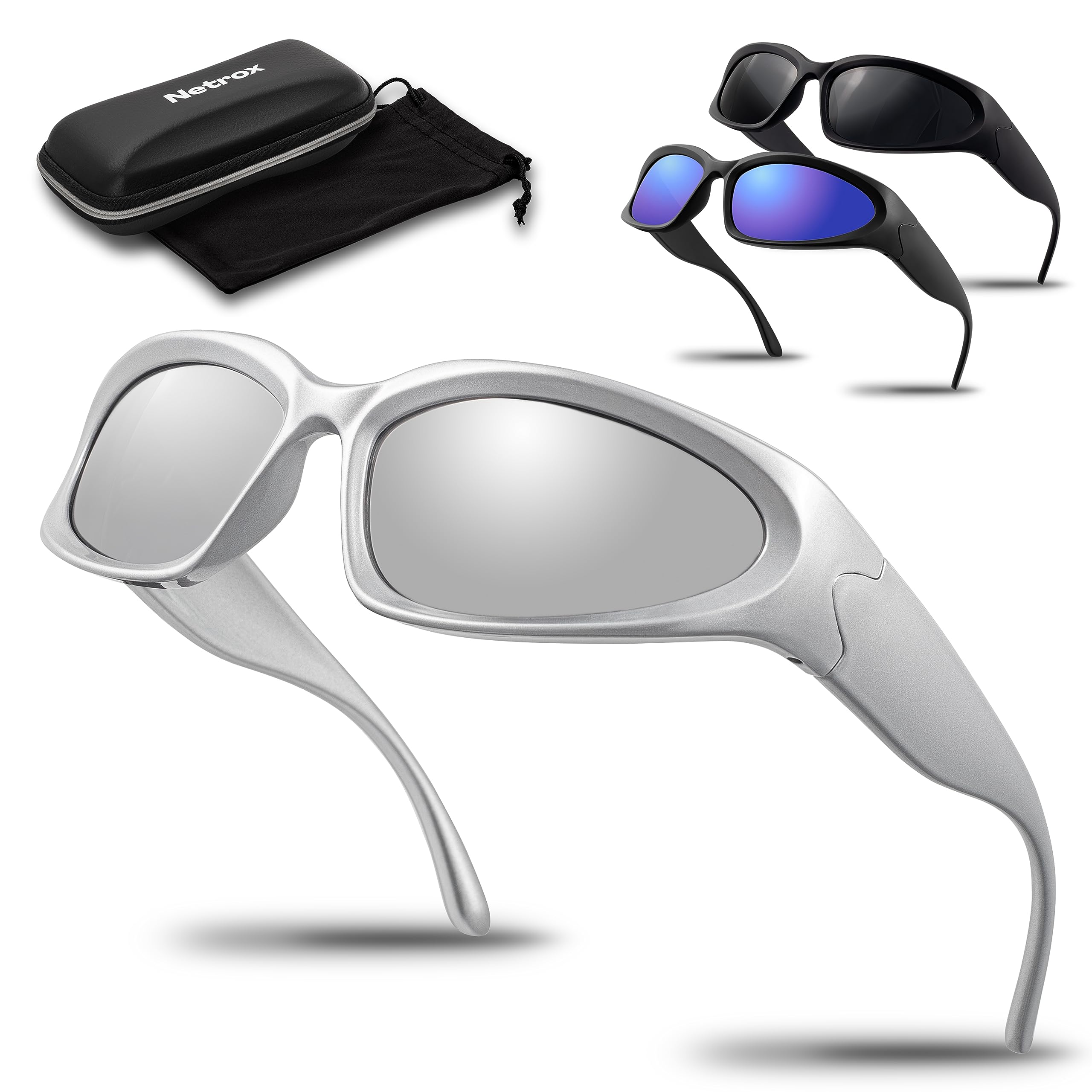 Netrox - Sonnenbrille Herren und Damen Unisex - Sunglasses, ETUI und Mikrofaser Beutel - UV Schutz 400 - Schnelle Sportbrille - Sonnenbrillen, Sunglasses Men, Techno, Rave Brille, Schwarz, Schnell