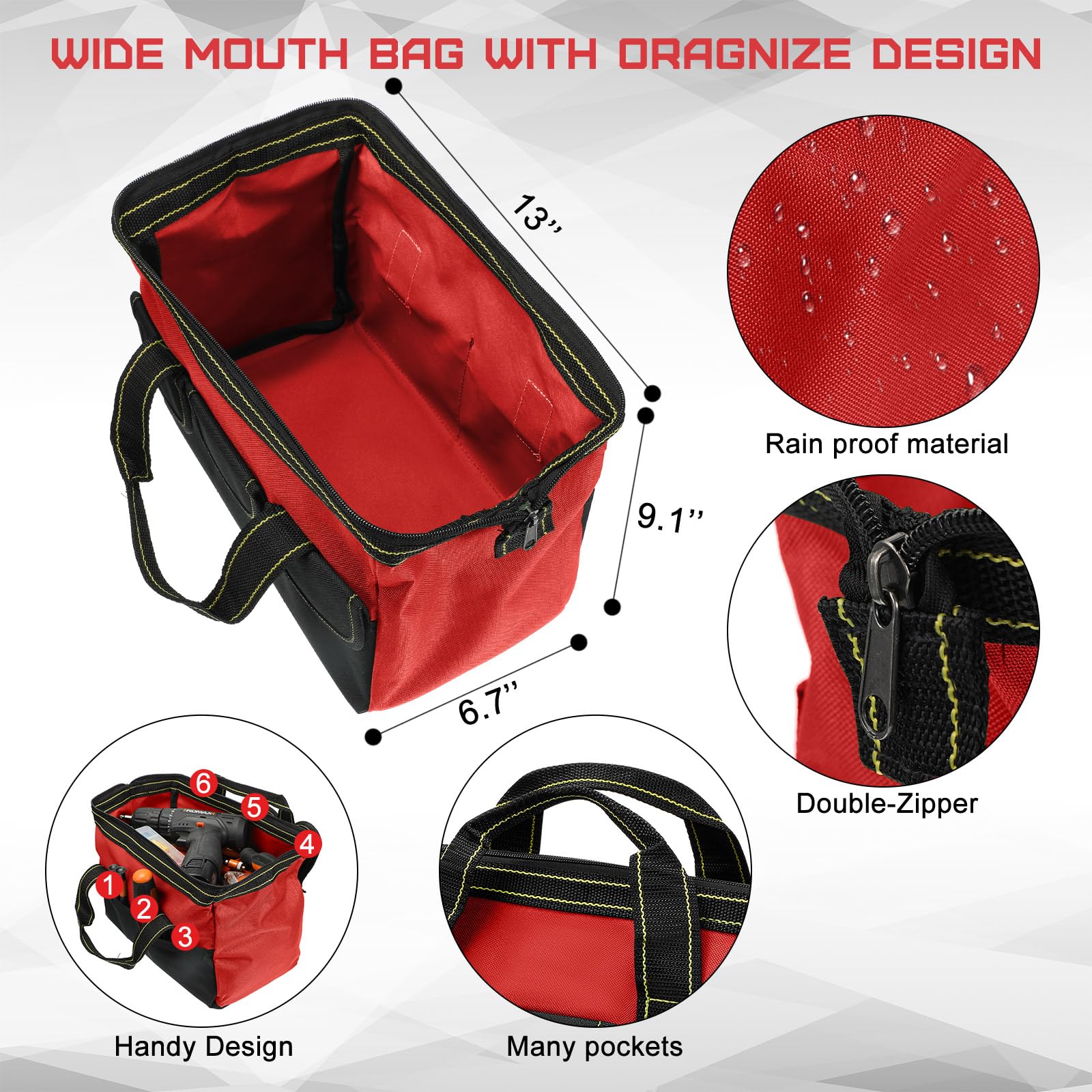 Bolsa De Herramientas Grande Resistente Con Base Moldeada Resistente Al Agua, Bolsa De Herramientas De Boca Ancha Superior De 16 Pulgadas, Bolsa De Mano Portátil Multifuncional De (verde