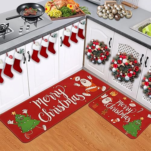 Miniatura 2 de Yinhua Alfombras de cocina de Navidad para piso, lindas alfombrillas de cocina de Papá Noel con 8 calcomanías antideslizantes, alfombras de cocina