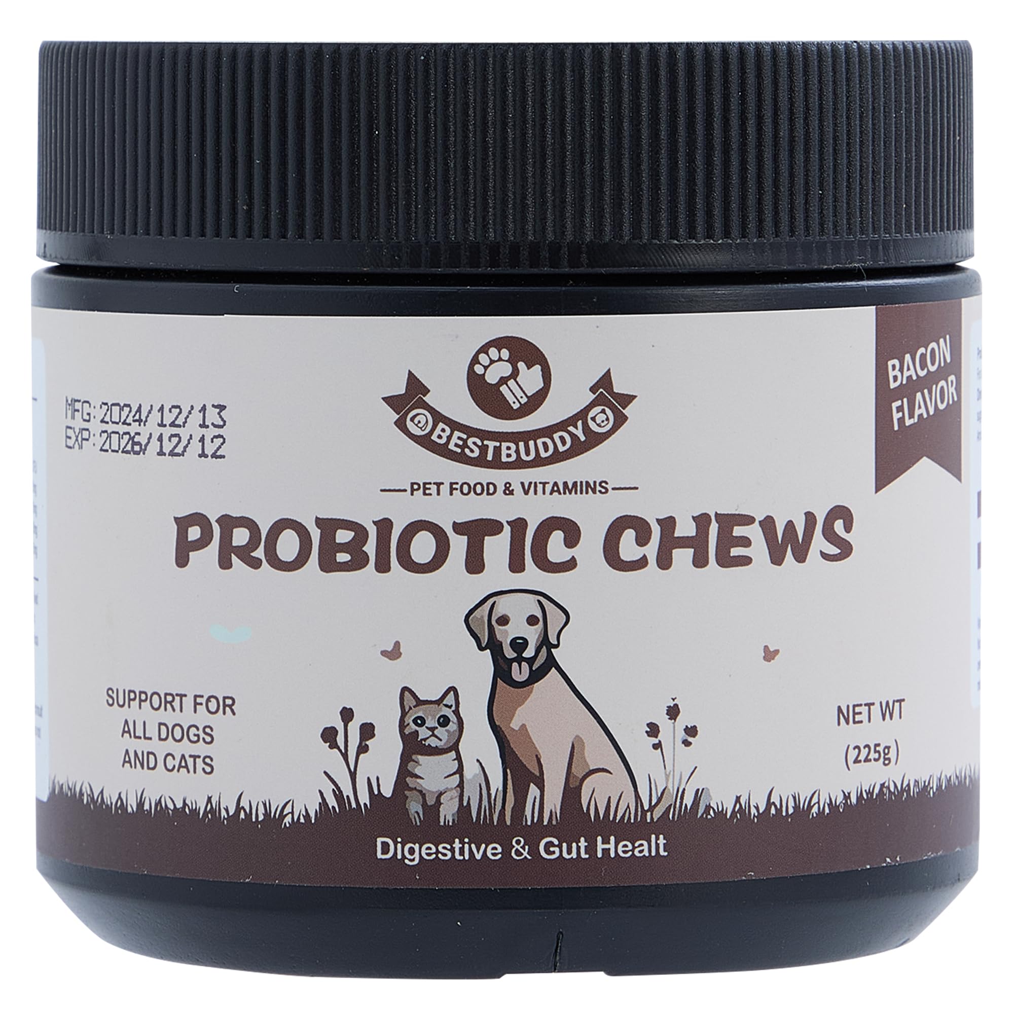 Best Buddy Pet Probiotics Chews for Dogs for Occasional Diarrhea &amp; Bowel Support, Digestive Enzymes with Prebiotics for Gut Health for Dogs, Immunity Health &amp; Itch Relief (Bacon/Pork, 225g)