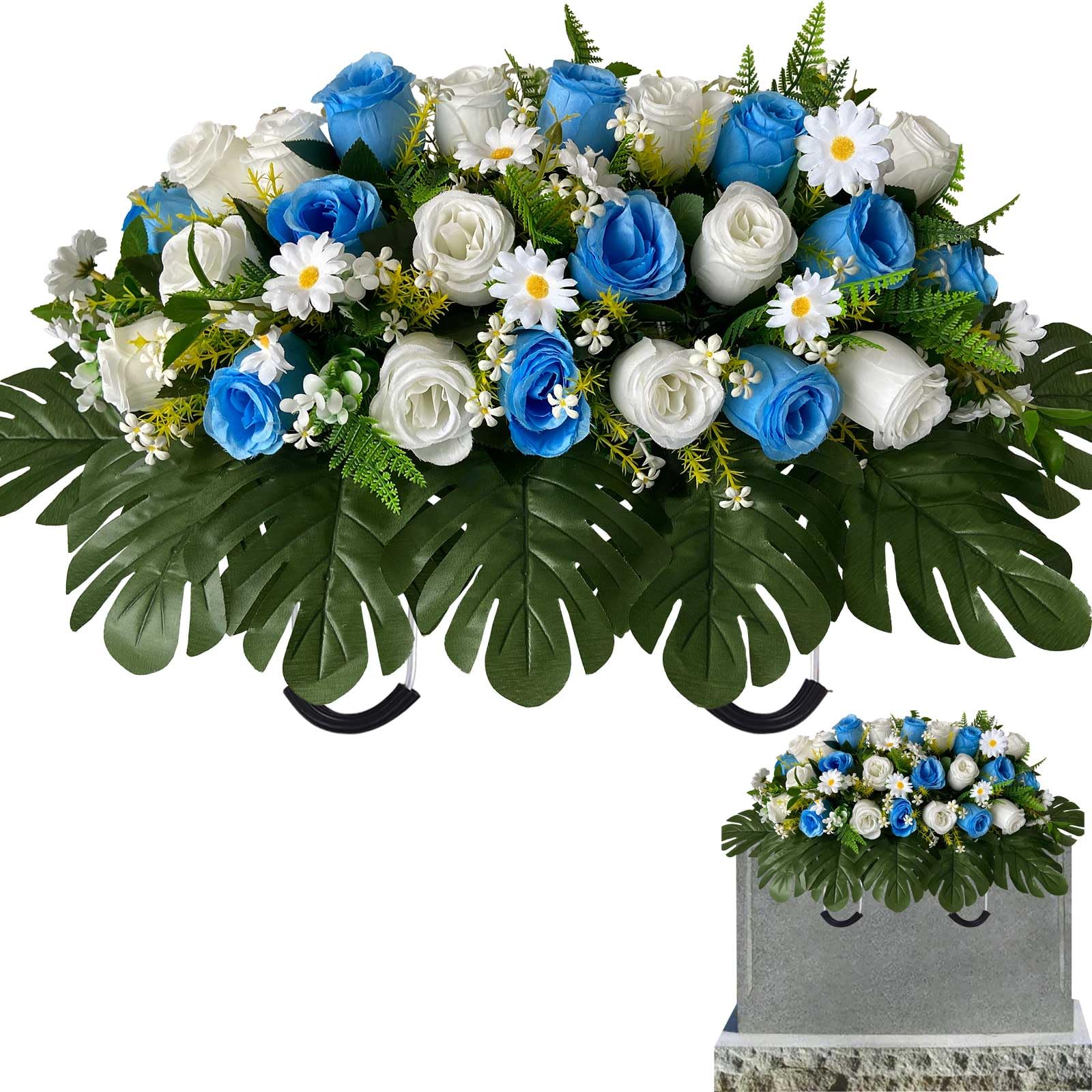 Iarxoxt Artificial Cemetery Flowers - Mixed Artificial Roses and Daisies Saddle Flowers for Headstone