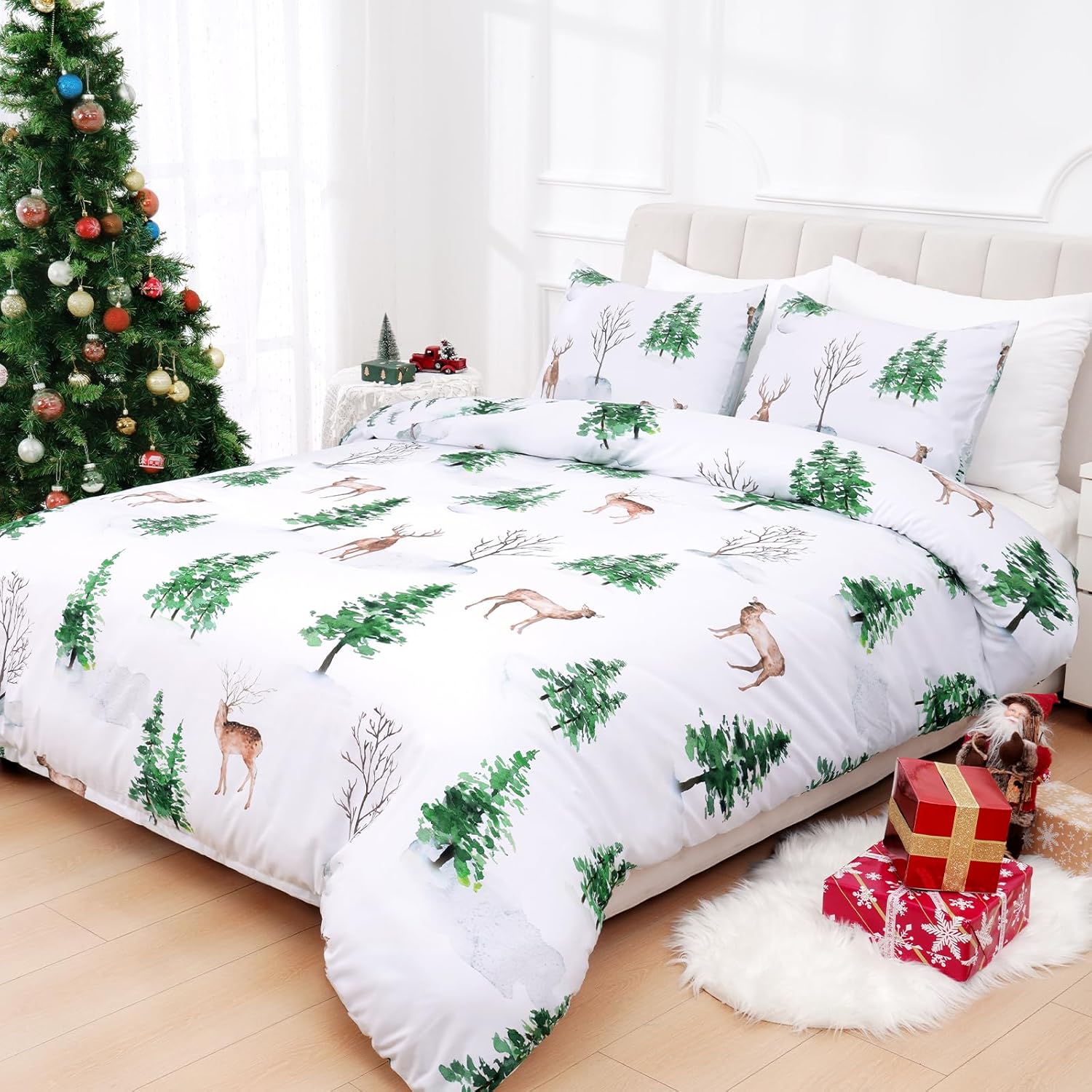 FRAMICS 3 Piece Christmas Duvet Cover Queen Size, Christmas Tree Duvet Cover Set with Zipper Closure, Christmas Reindeer Comforter Cover Set 1 Duvet Cover 90 x 90 inches & 2 Pillow Shams White 90" x 90"