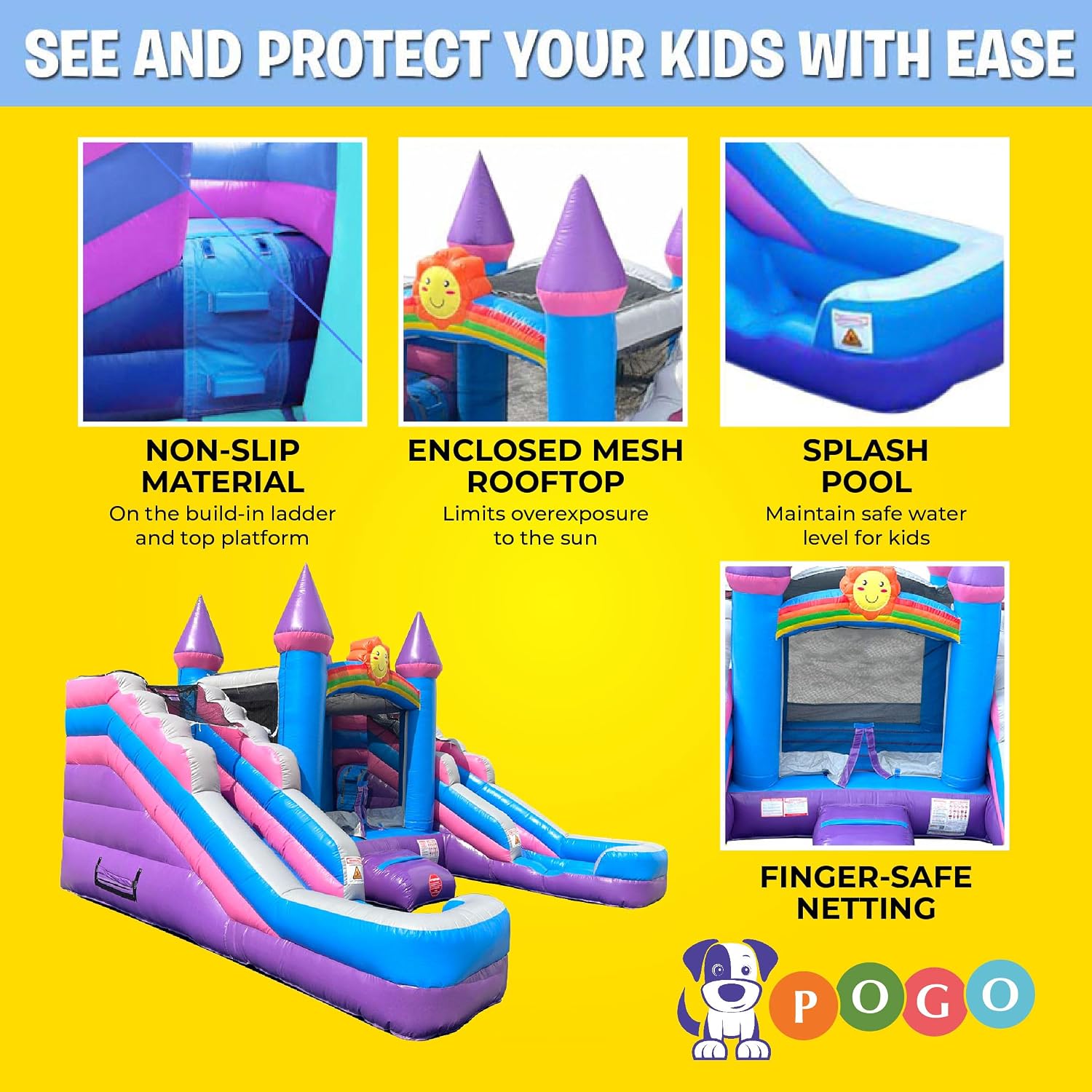 Crossover Purple Castle Double Water Slide Bounce House Combo, 16.5 x 15 x 11 Foot, PVC Vinyl Inflatable Bouncy House for Kids, Wet or Dry Slides, with Stakes and Storage Bag, Blower not Included