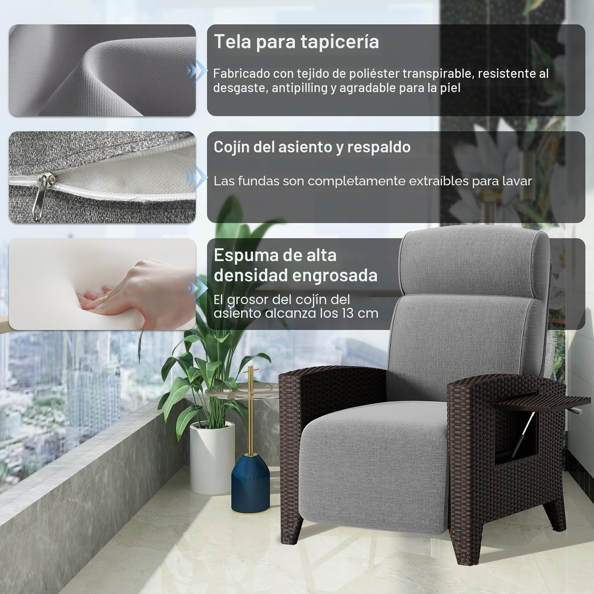 Fiutazge Set 2 Tumbona de Ratán con Respaldo Regulable,Sillon Relax Reclinable,Chaise Longue con Cojín y Funda Sillas Jardin,Tumbonas Jardin Exterior para Terraza Patio,Ratán Negro y Cojín Gris