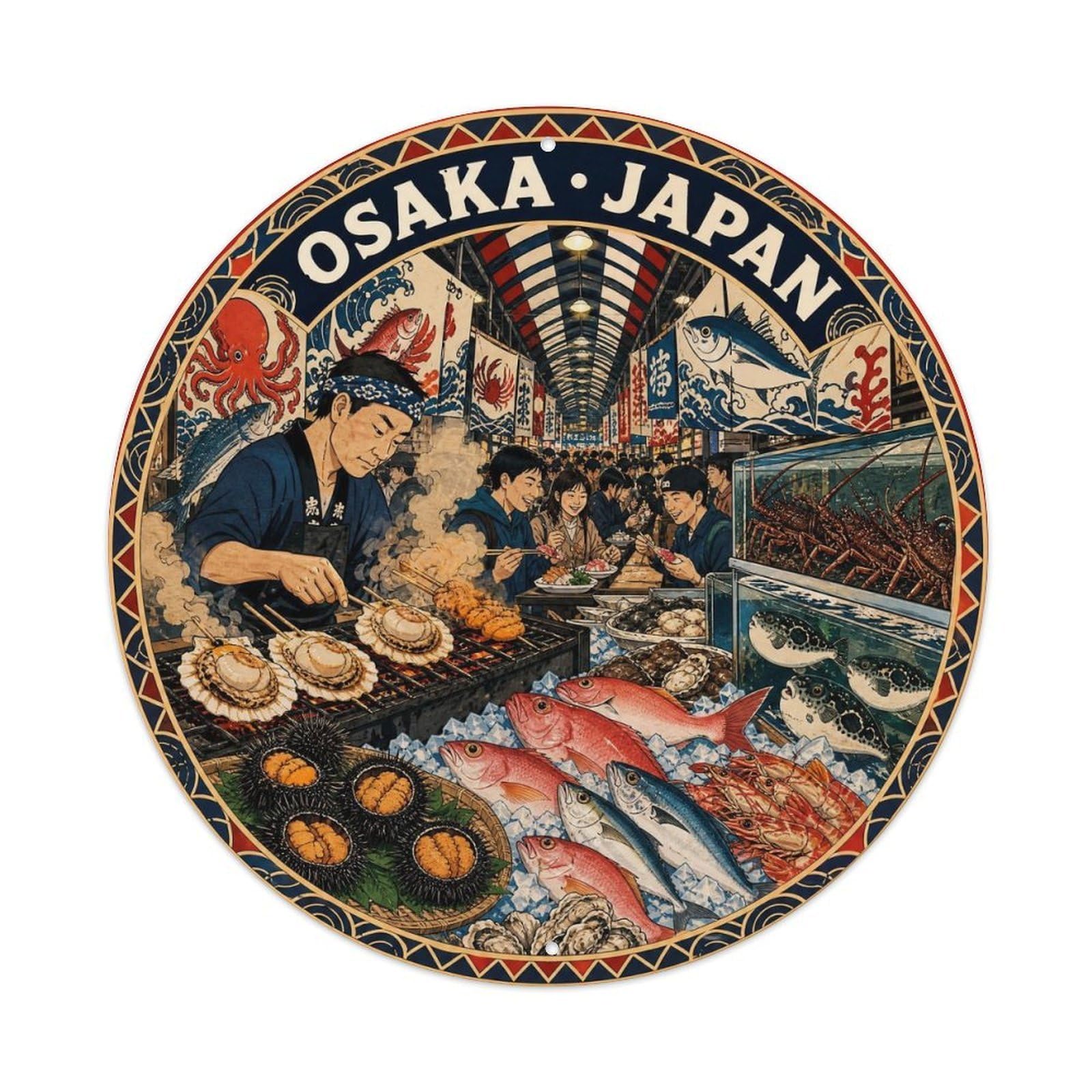 Olyhtr 8X8inch Classic Style Osaka Kuromon Ichiba Market Seafood Japanese Cuisine Metal Tin Sign