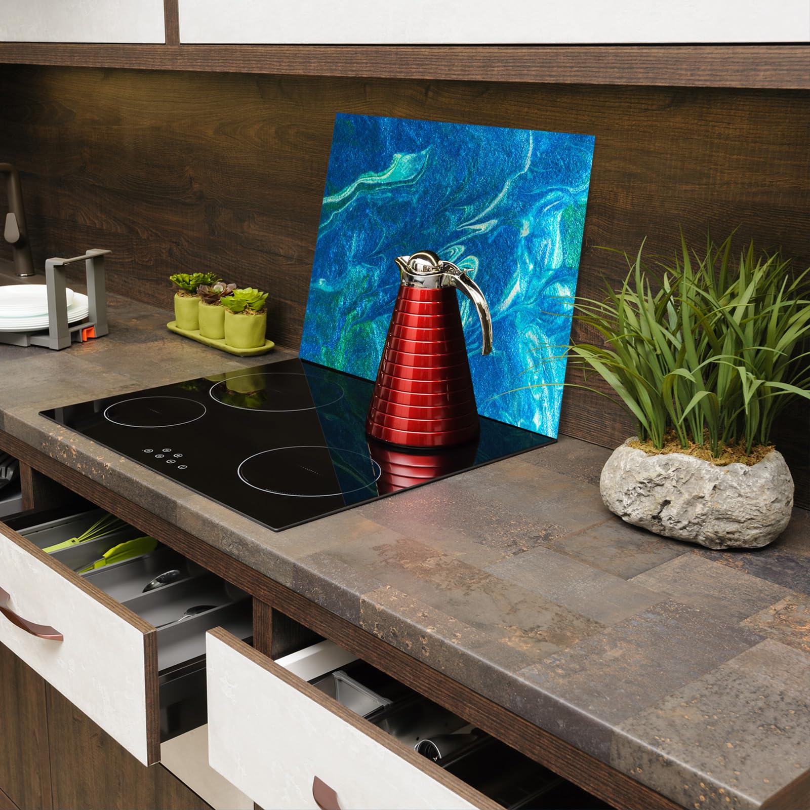 Herdabdeckplatte 60×52 cm – Mehr Arbeitsfläche, Spritzschutz & Schneidebrett – ESG Glas, kratzfest – für Induktion/Ceranfeld – 1-teilig, Motiv Abstrakte Farbe Blau
