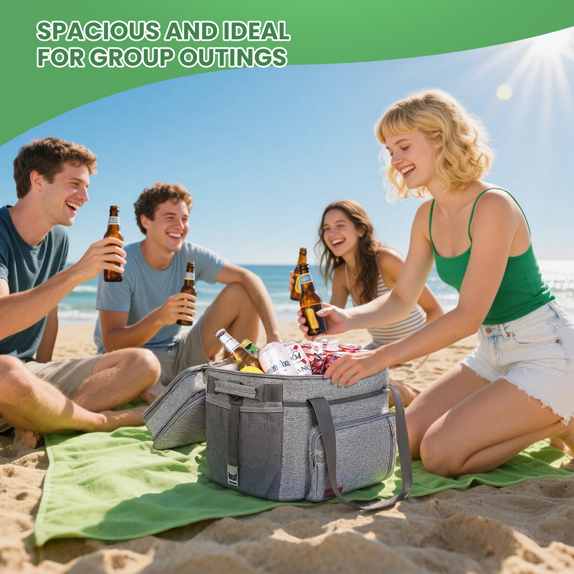 Borsa Frigo Doppia Strato Morbida, Borsa Pranzo Isolata Impermeabile Portatile, Contenitore Termico Extra Large Espandibile per Spiaggia, Picnic, Camping, Shopping - MIYCOO-Grigio