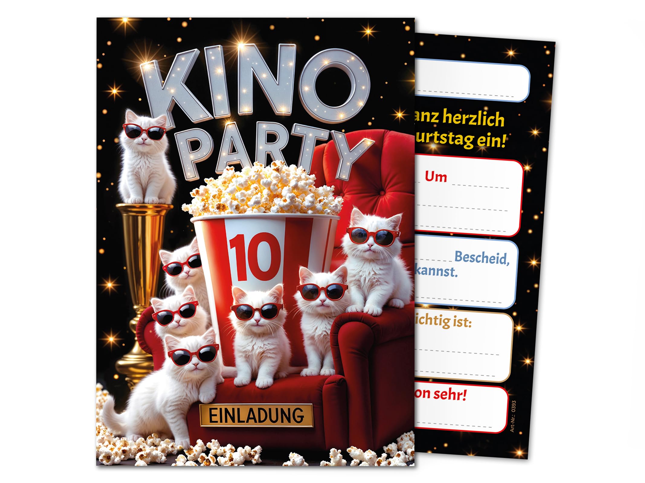 Junaversum 12 Einladungskarten zum 10. Kindergeburtstag Kino Party Mädchen Jungen Katzen coole bunte Einladungen zehnte Geburtstag Geburtstagseinladungen Kids Kinogeburtstag