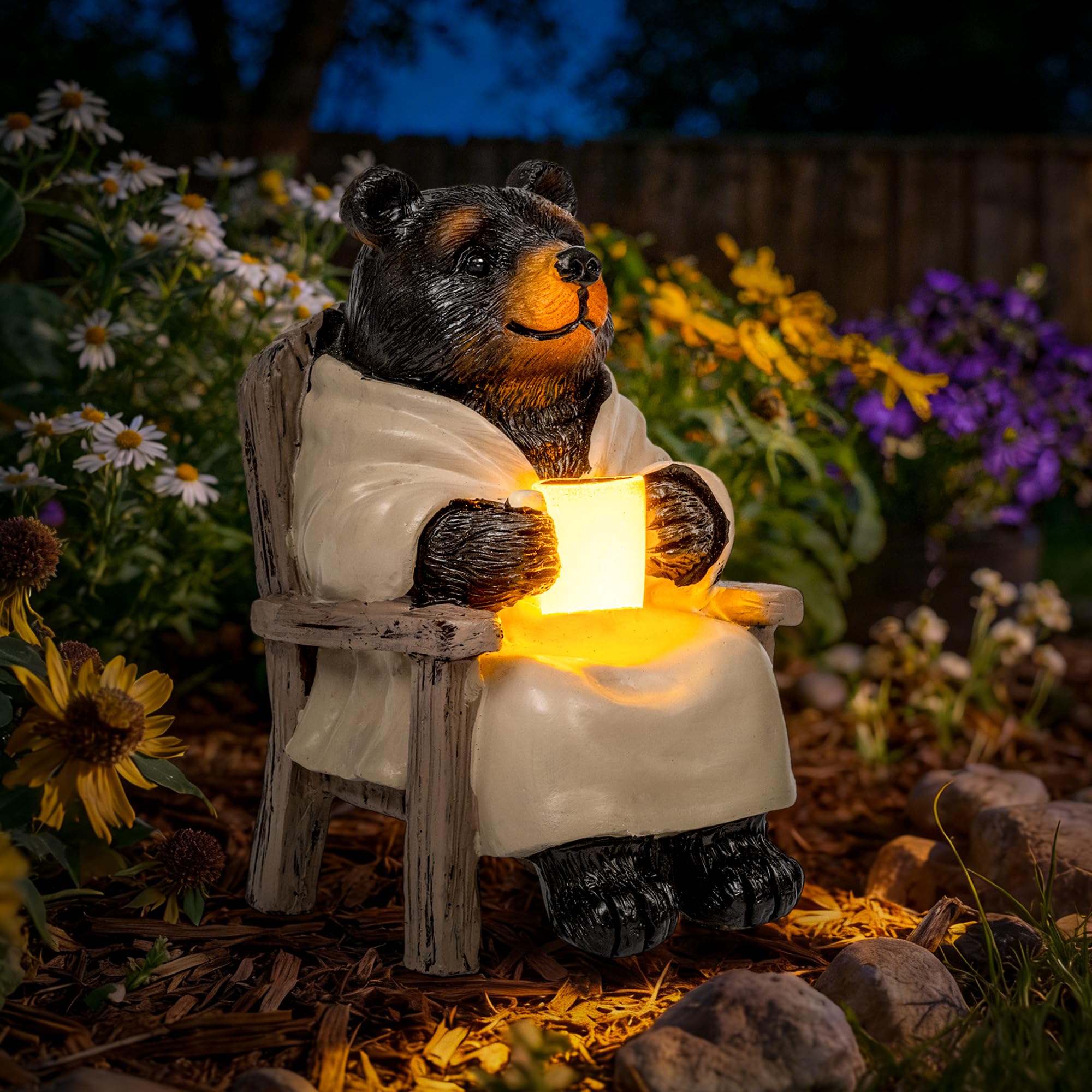 SOWSUN Estatua de jardín, decoración solar de oso negro con luz, decoración al aire libre para patio, césped, balcón, regalo de Navidad/cumpleaños para mamá y mujer