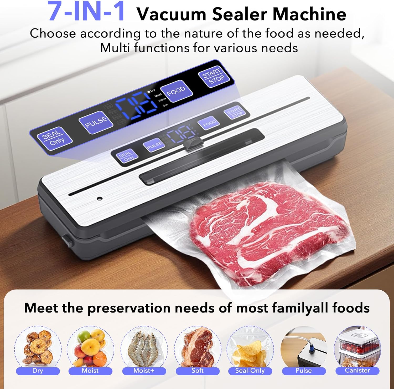 Food Vacuum Sealer Machine + 30 Vacuum Bags, 7-in-1 Multi-Functional Vacuum Sealer, Food Saver Sealer for Freshness Storage, with Dry & Moist Food Modes, Double Heat Seal, Built-in Cutter, Silver - Image 2