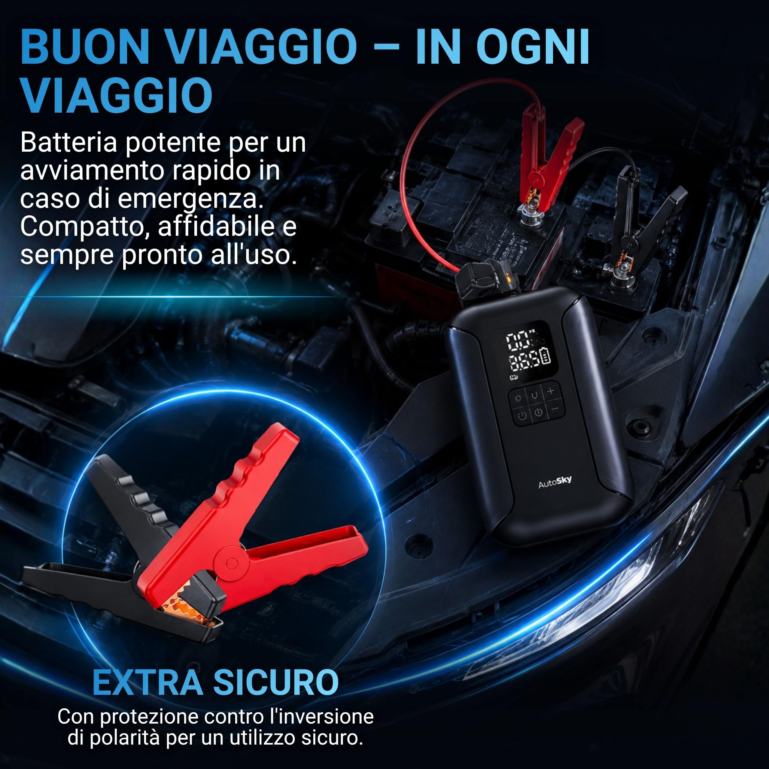 AutoSky Avviatore di emergenza portatile 2 in 1 con gonfiatore per pneumatici: il kit di emergenza perfetto da avere nel tuo veicolo.