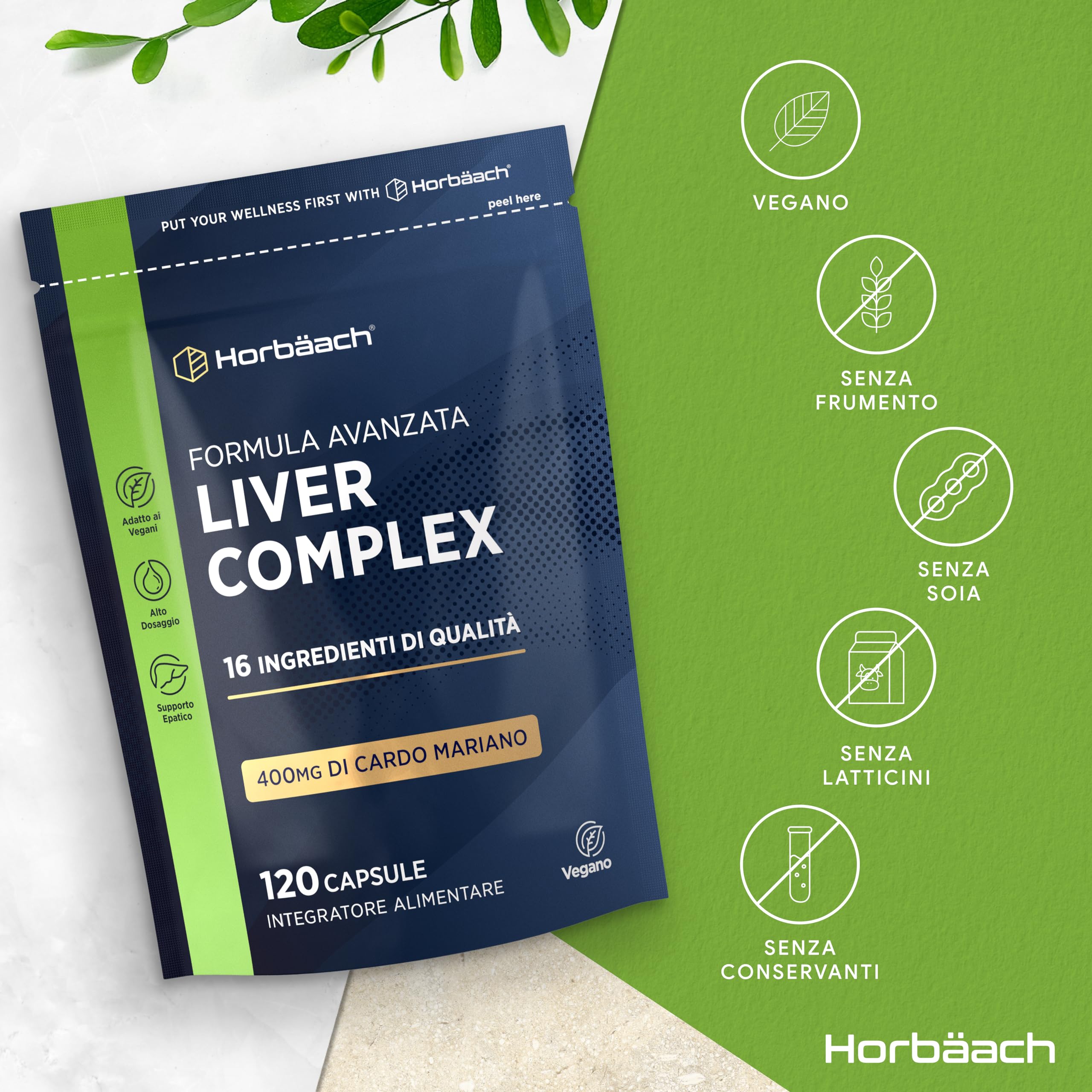 Liver Complex | con Cardo Mariano, Estratto di Carciofo, Radice di Tarassaco, Curcuma, Vitamina C, D e Altro | 120 Capsule Vegane | Integratore Depurativo Fegato | Funzione Epatica | Horbaach