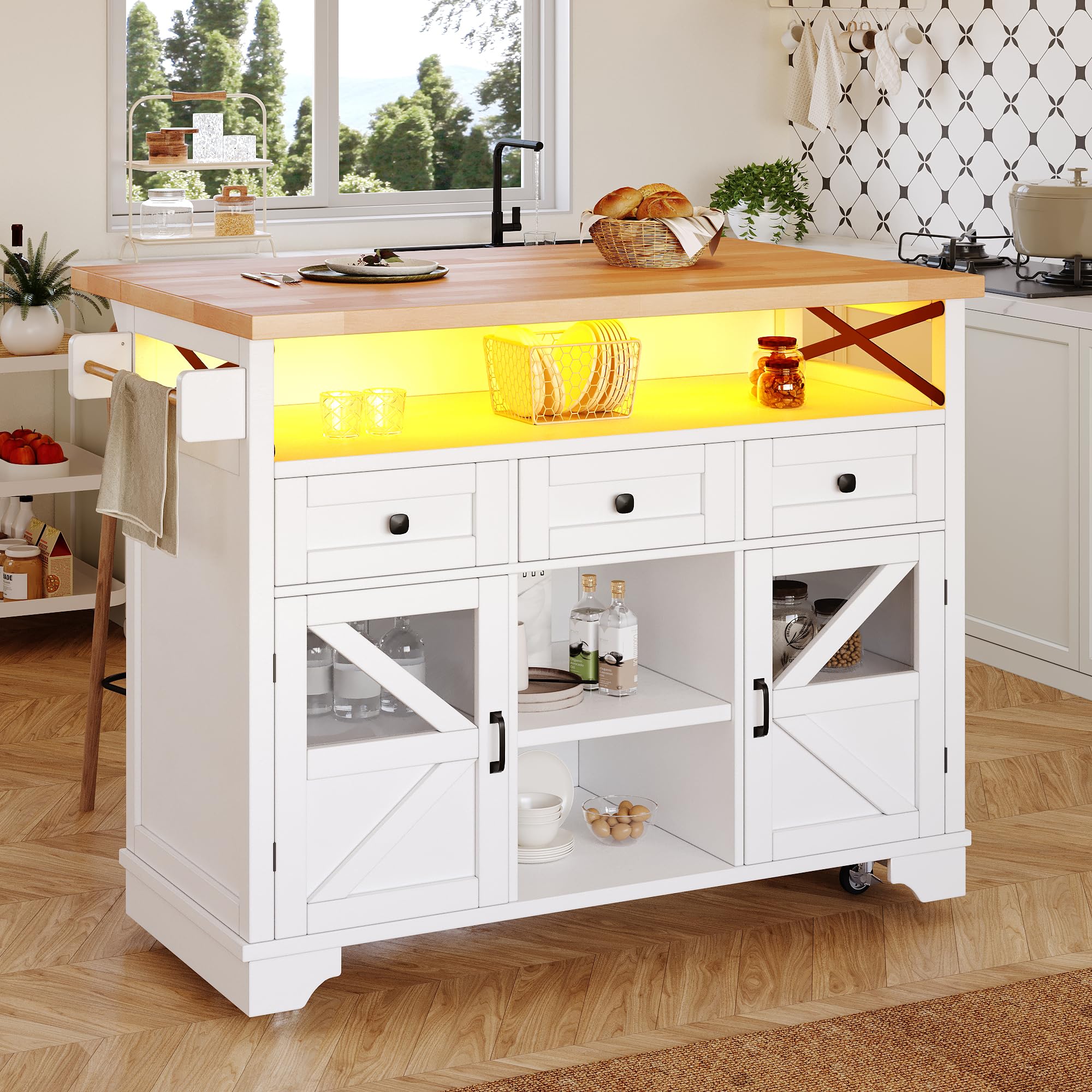 Merax Kitchen Island on wheels, Kitchen Storage Cabinet with Extendable Foldable Table,Smart Lighting and Voice-Controlled Interaction,3 Drawers&2 Doors, 120x43-71x98cm/White