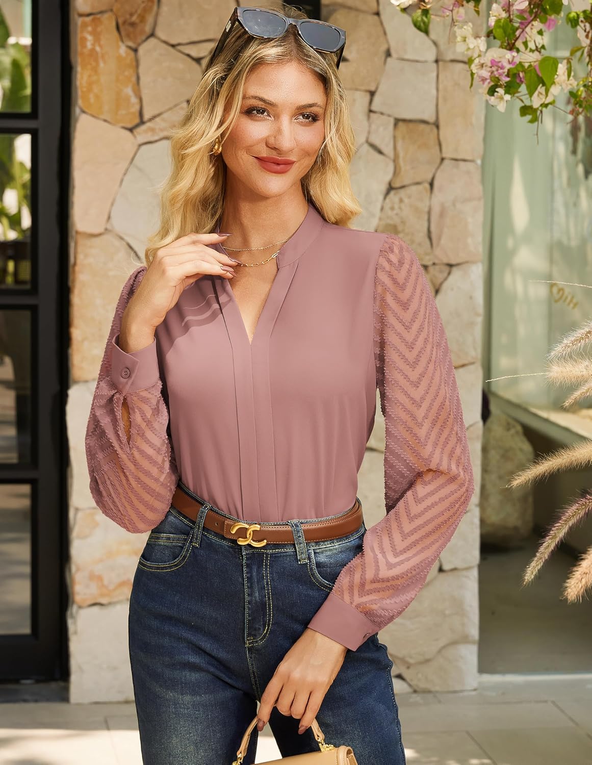 GRACE KARIN Women Business Casual Tops Sheer Lace Long Sleeve Blouses Work Office Pleated V Neck Shirt Fall Formal Outfits - Image 7