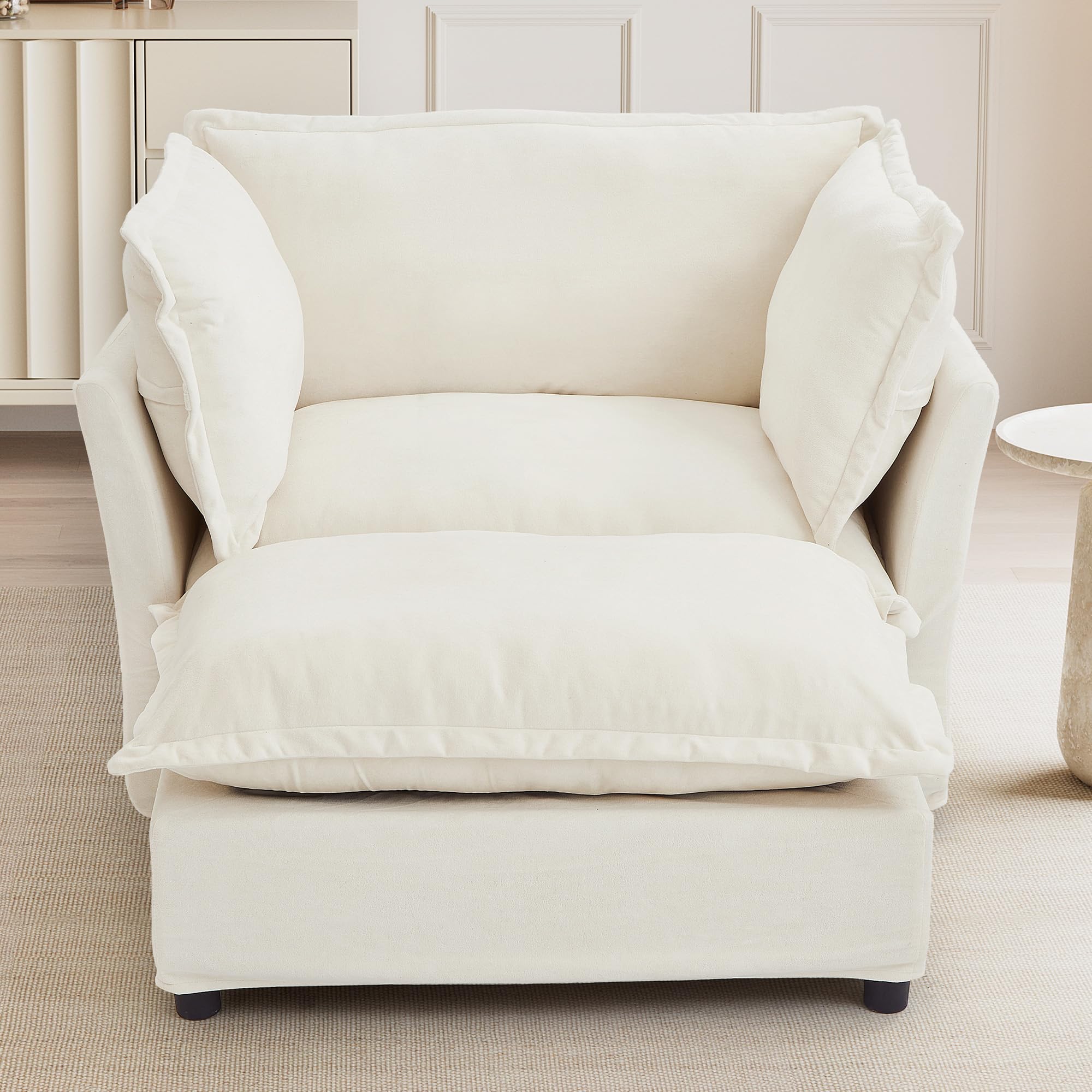 Merax 47" Armchair Upholstered Chenille Sofa Chair, 2 Seat Modern Couch with Movable Ottoman, Curved Armrests & Soft Pillows for Living Room, Beige