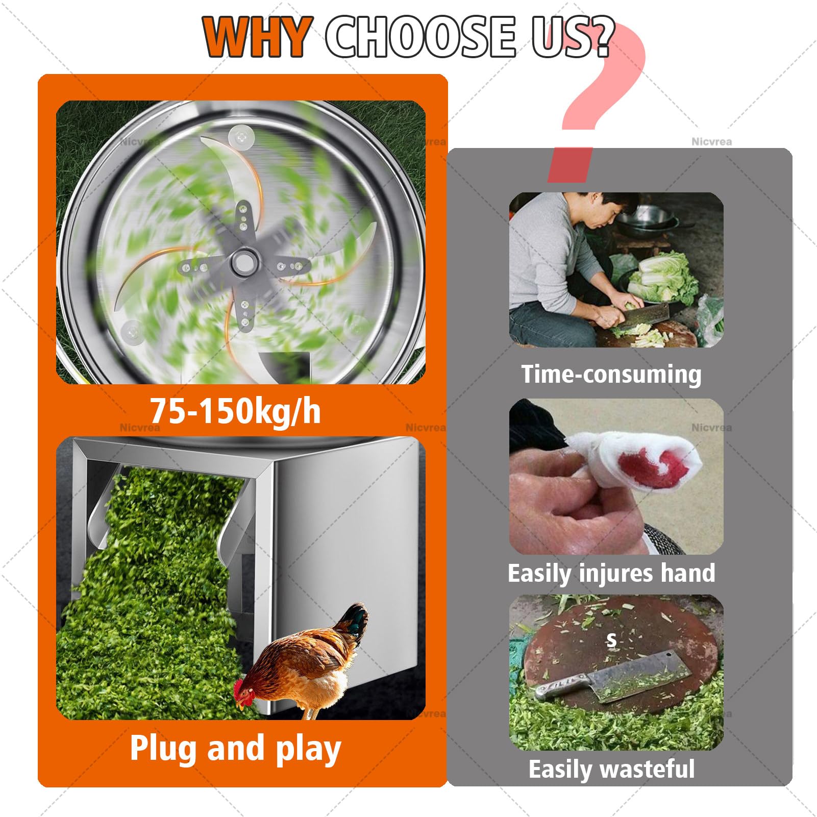 Picadora de verduras eléctrica comercial, alta potencia 1000 W, 3500 rpm, acero inoxidable, eficiente para cocinar en casa y uso en granja