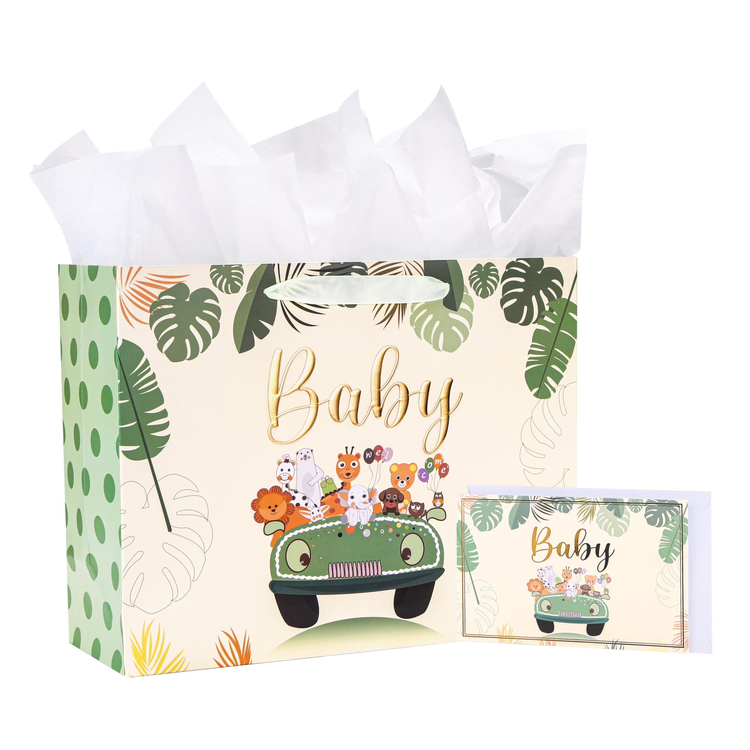 Bobobag 33 cm szałwiowy zielony woreczek na baby shower, torba na prezent dla noworodka z bibułką i kartką z życzeniami.