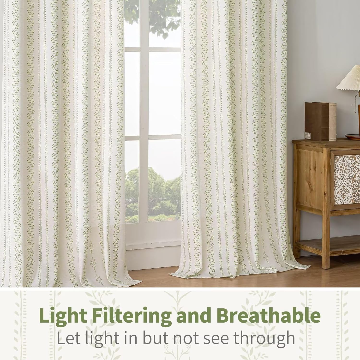 BGment Sage Green Floral Curtains 84 Inch Long, Light Filtering Linen Curtains with Botanical Leaf Print for Living Room Cottage Core Farmhouse Rustic, 2 Panels Set, 52 x 84 Inch